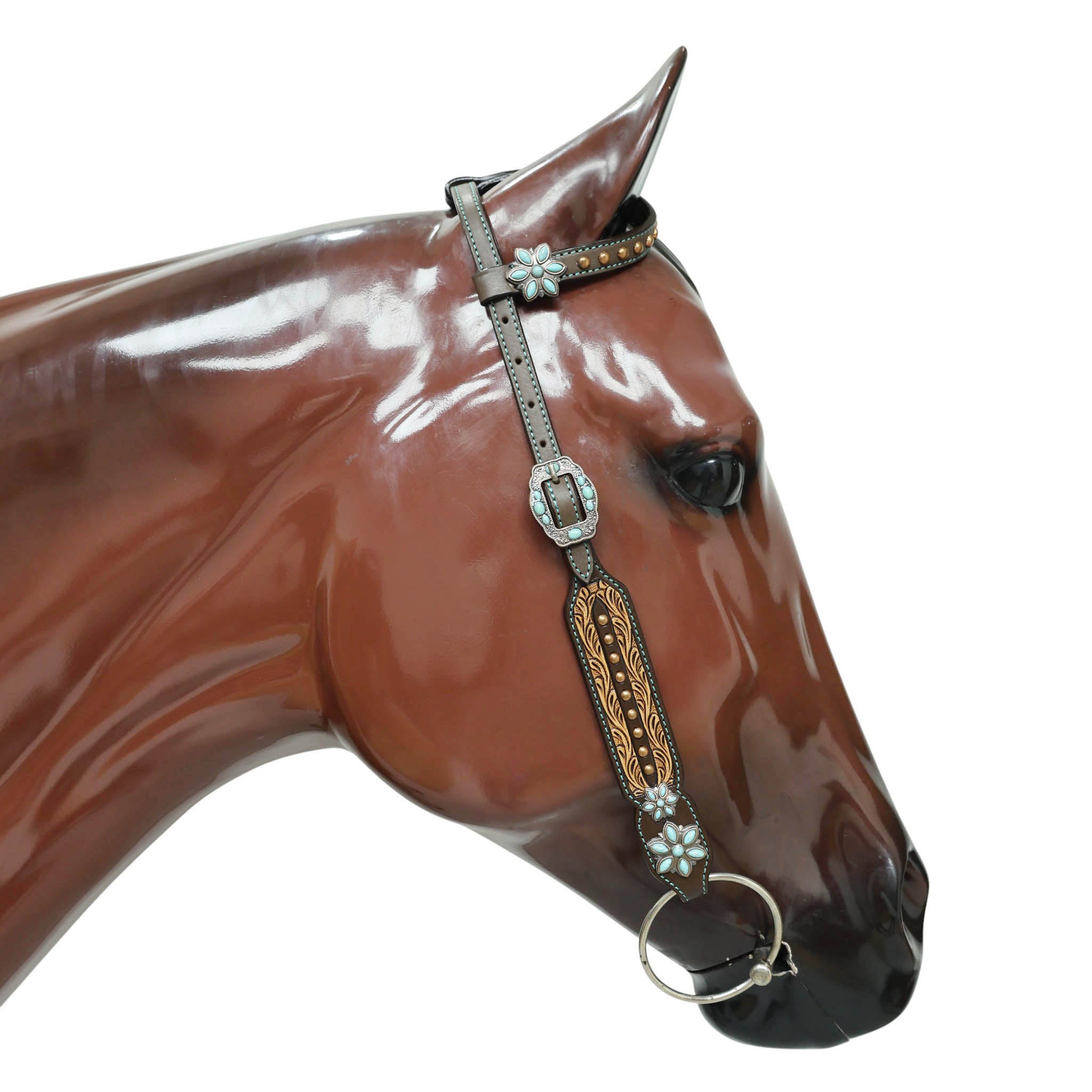 Western Leather Headstall and Breast Collar Tack Set Decorated with Border Carving Antique Finish with Copper Studs and Turquoise Stone Flower Hardware MOUSM