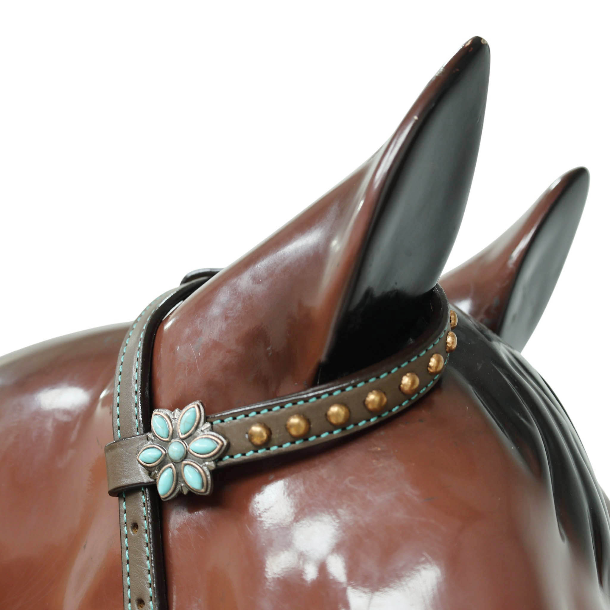 Western Leather Headstall and Breast Collar Tack Set Decorated with Border Carving Antique Finish with Copper Studs and Turquoise Stone Flower Hardware MOUSM