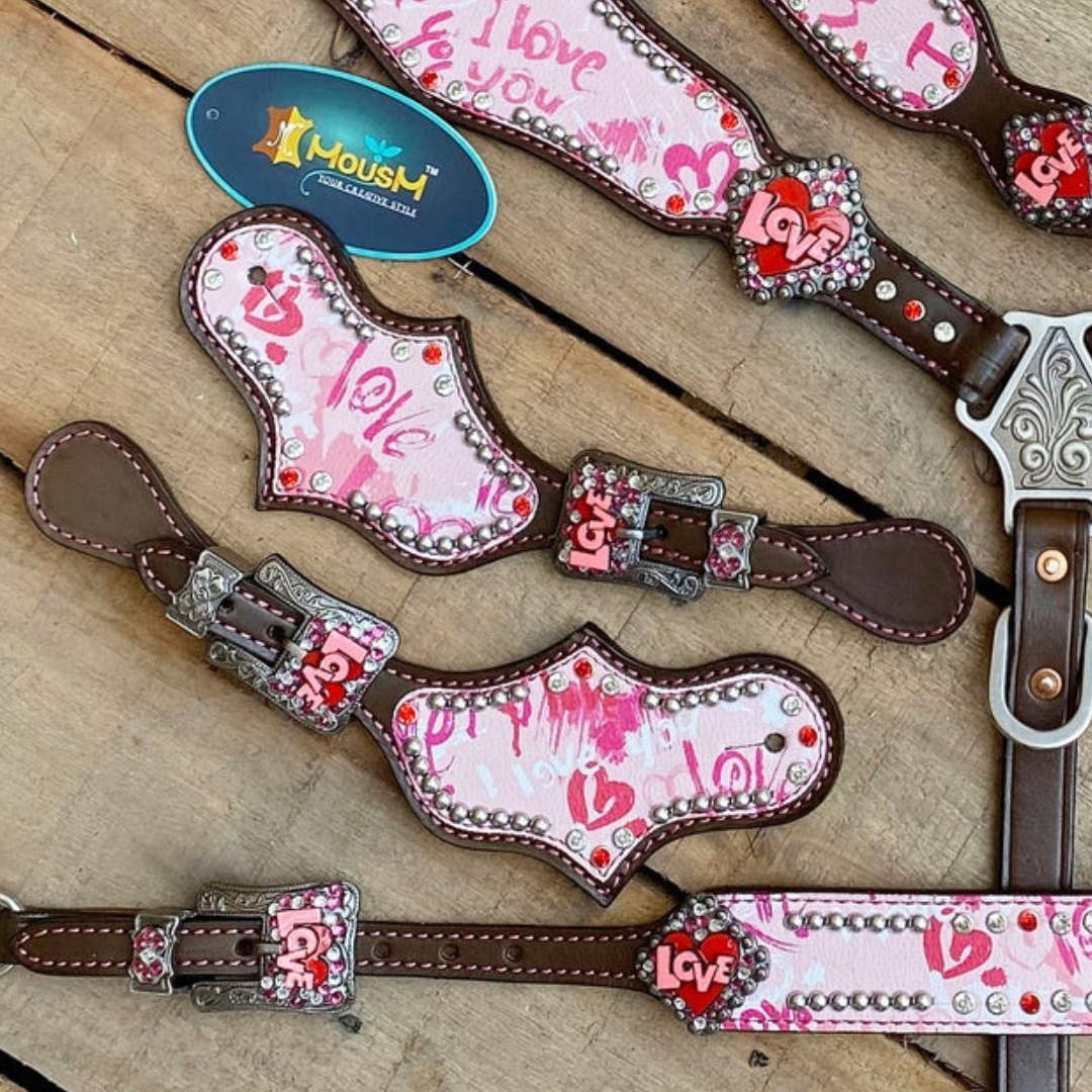 MOUSM Valentine Day Western Headstall and Breast Collar tack Collection – Western Bridles and Headstalls Decorated with Copper Studs & Printed Heart Inlay
