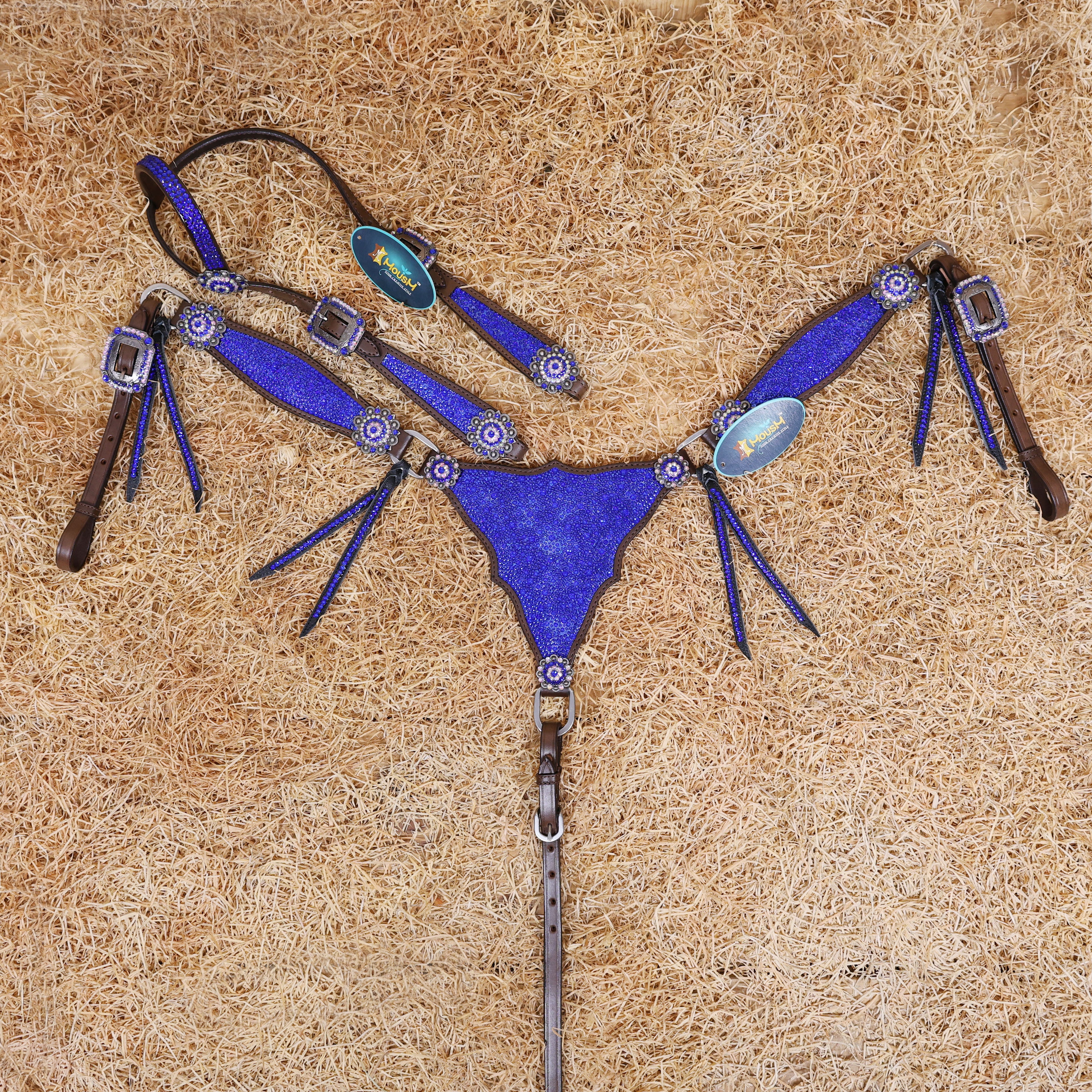 MOUSM Western Headstall and Breast Collar Set – Argentina Cow Leather Horse Tack Set Decorated with Royal Blue Rhinestones on Gladiator Breast Collar with Roping and Bling Conchos.