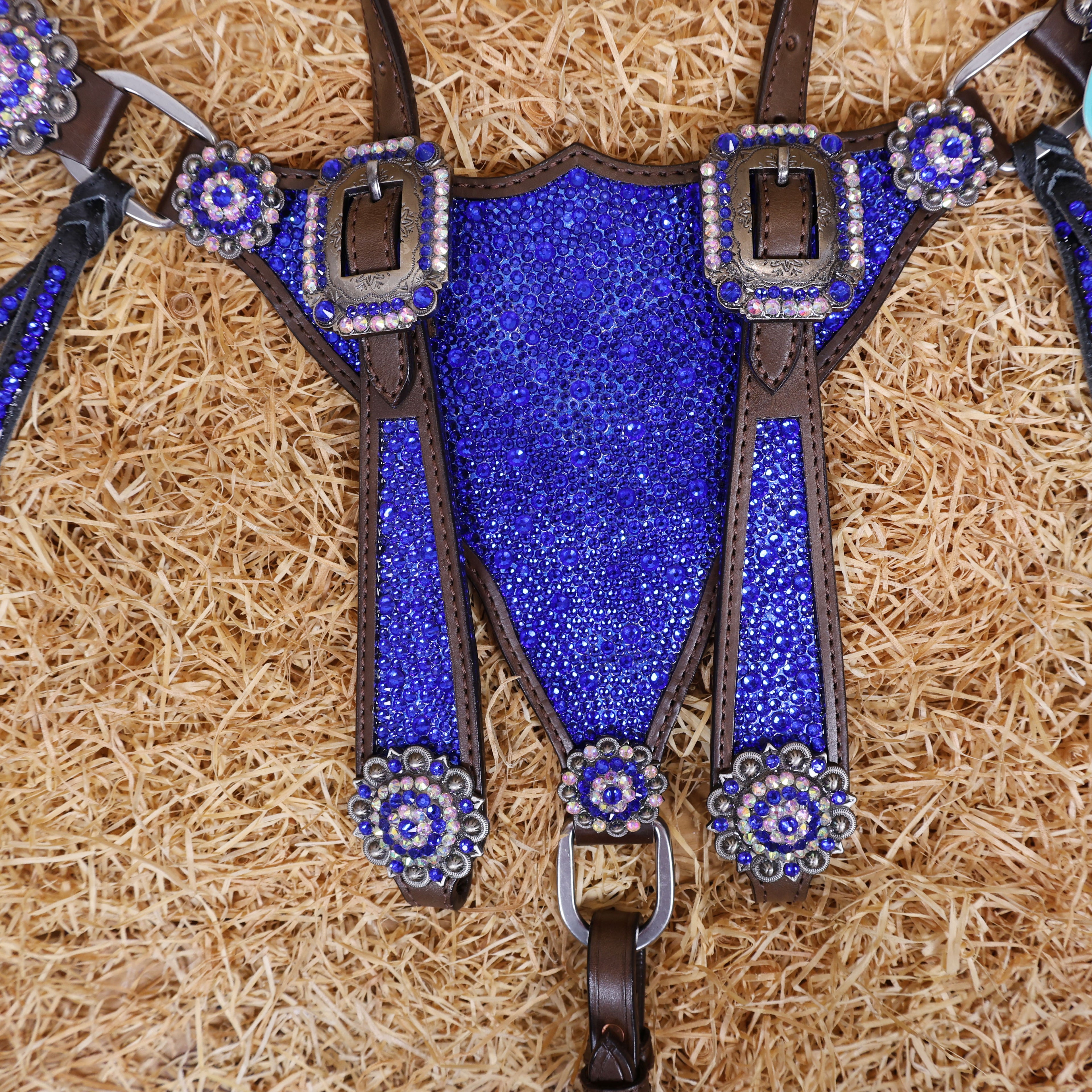 MOUSM Western Headstall and Breast Collar Set – Argentina Cow Leather Horse Tack Set Decorated with Royal Blue Rhinestones on Gladiator Breast Collar with Roping and Bling Conchos.