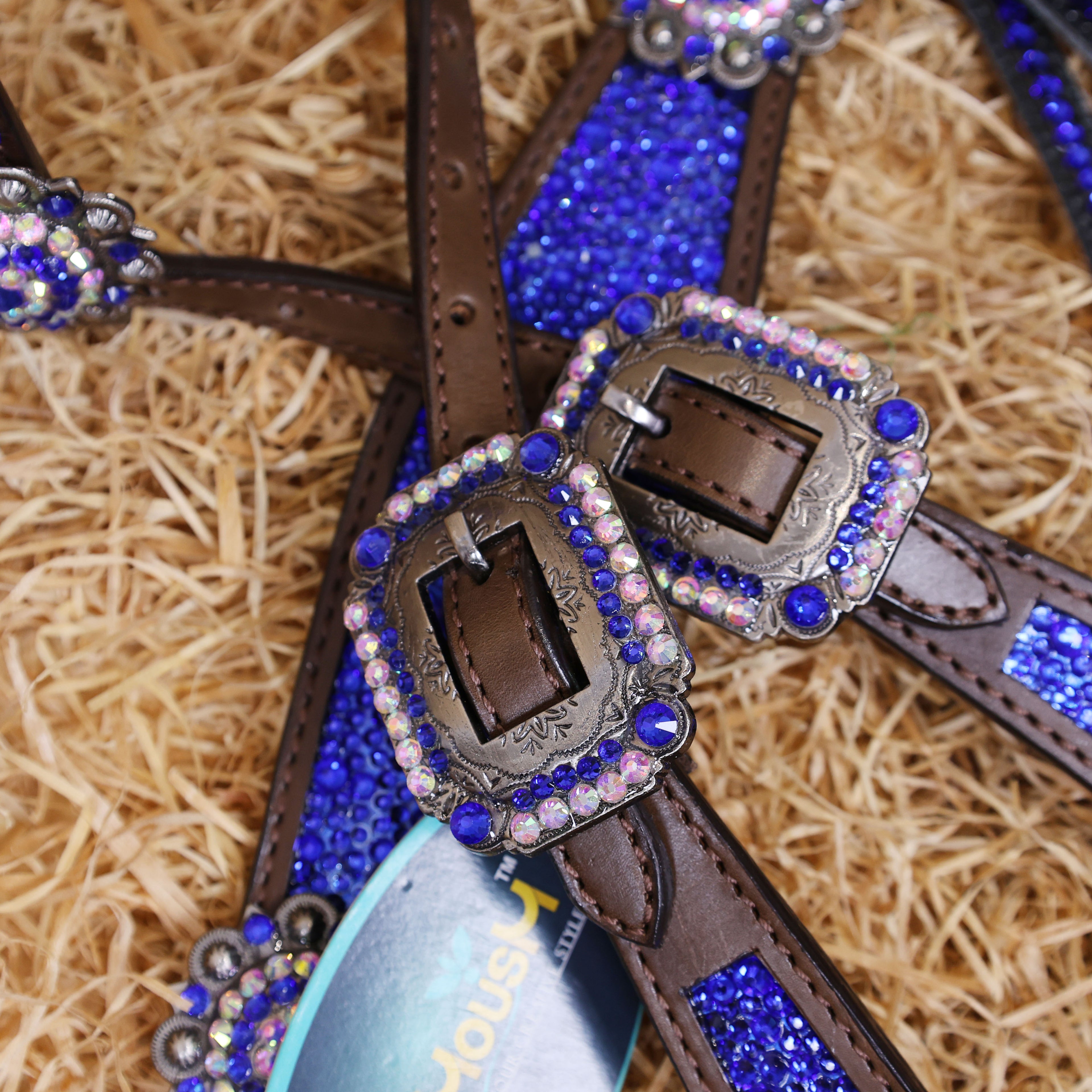 MOUSM Western Headstall and Breast Collar Set – Argentina Cow Leather Horse Tack Set Decorated with Royal Blue Rhinestones on Gladiator Breast Collar with Roping and Bling Conchos.