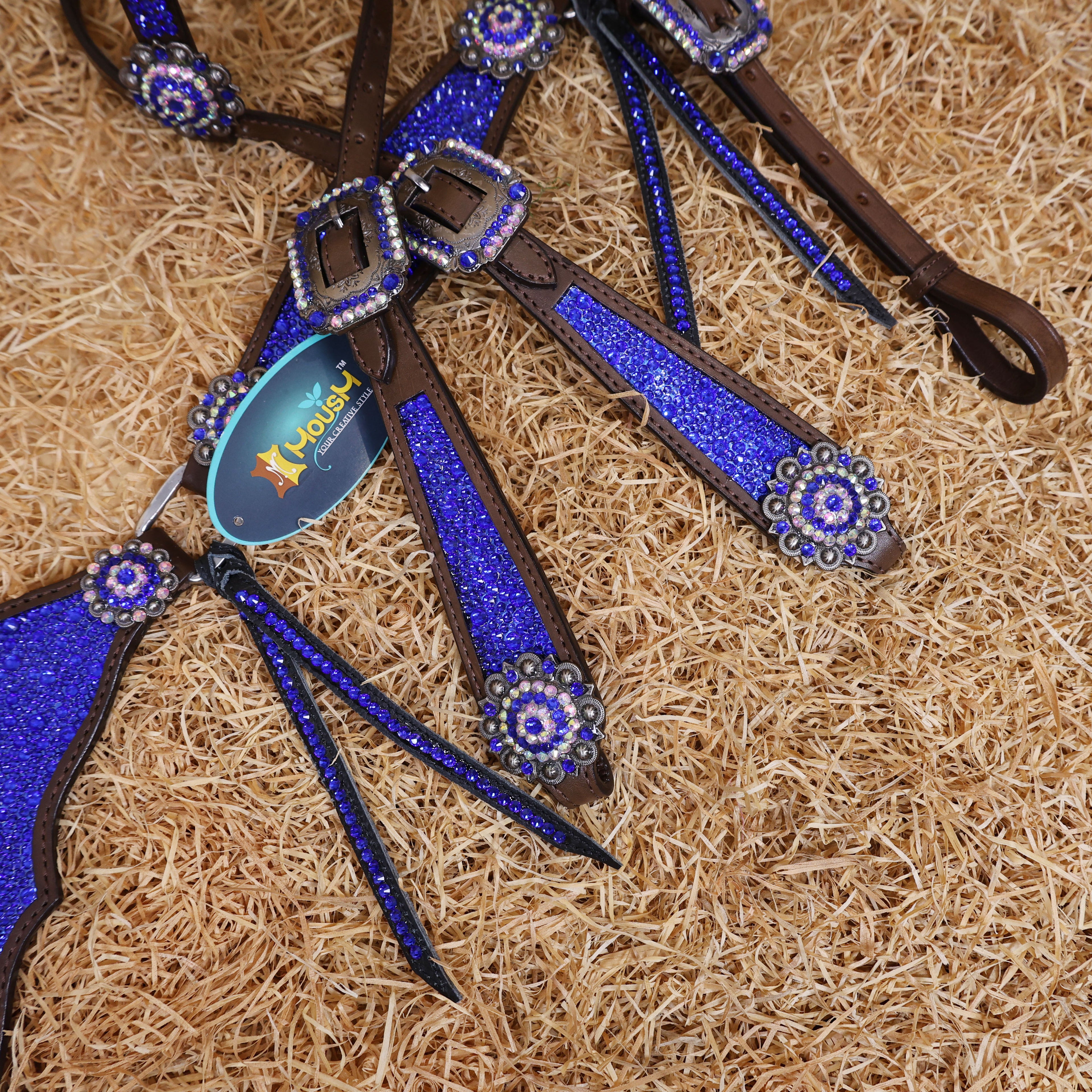 MOUSM Western Headstall and Breast Collar Set – Argentina Cow Leather Horse Tack Set Decorated with Royal Blue Rhinestones on Gladiator Breast Collar with Roping and Bling Conchos.