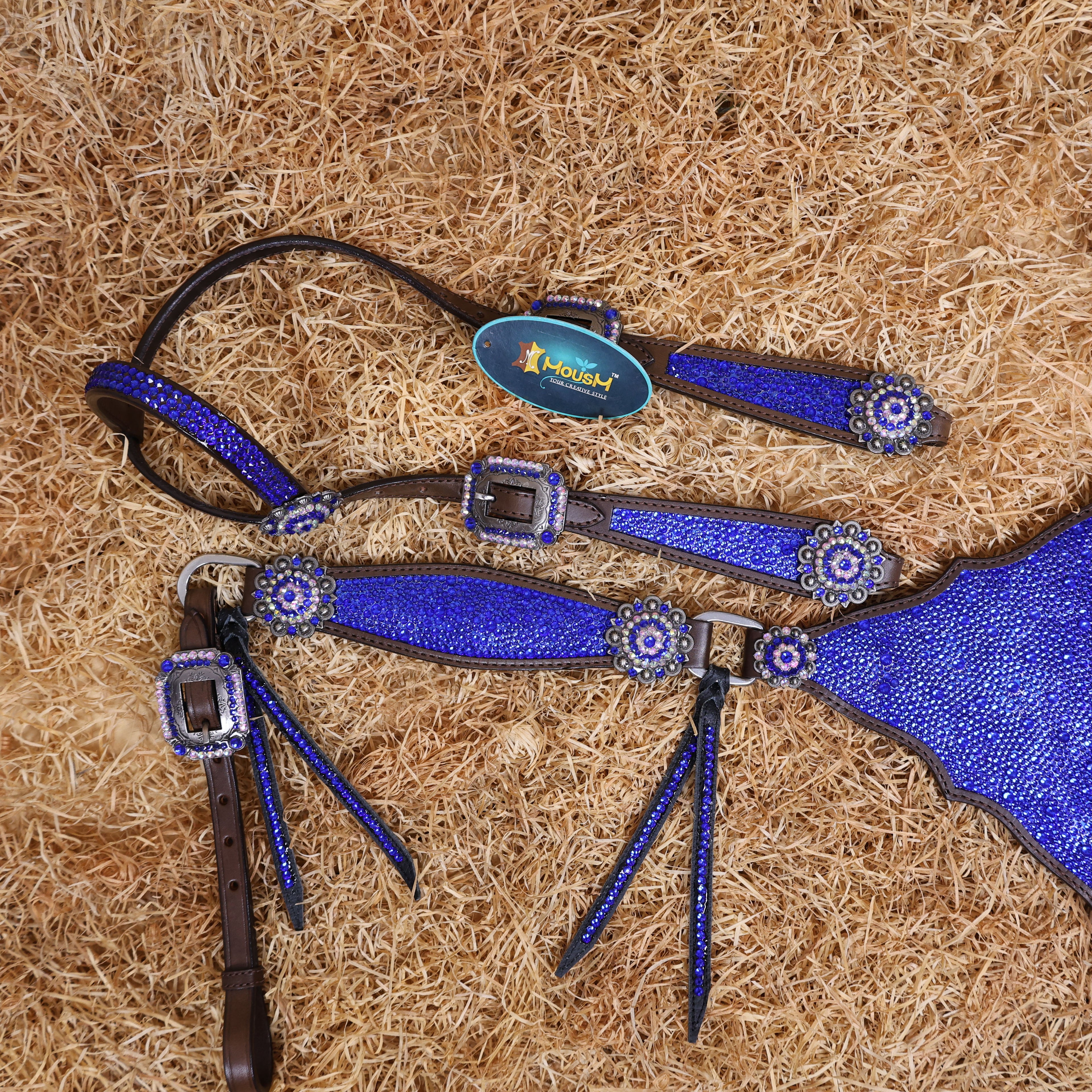 MOUSM Western Headstall and Breast Collar Set – Argentina Cow Leather Horse Tack Set Decorated with Royal Blue Rhinestones on Gladiator Breast Collar with Roping and Bling Conchos.