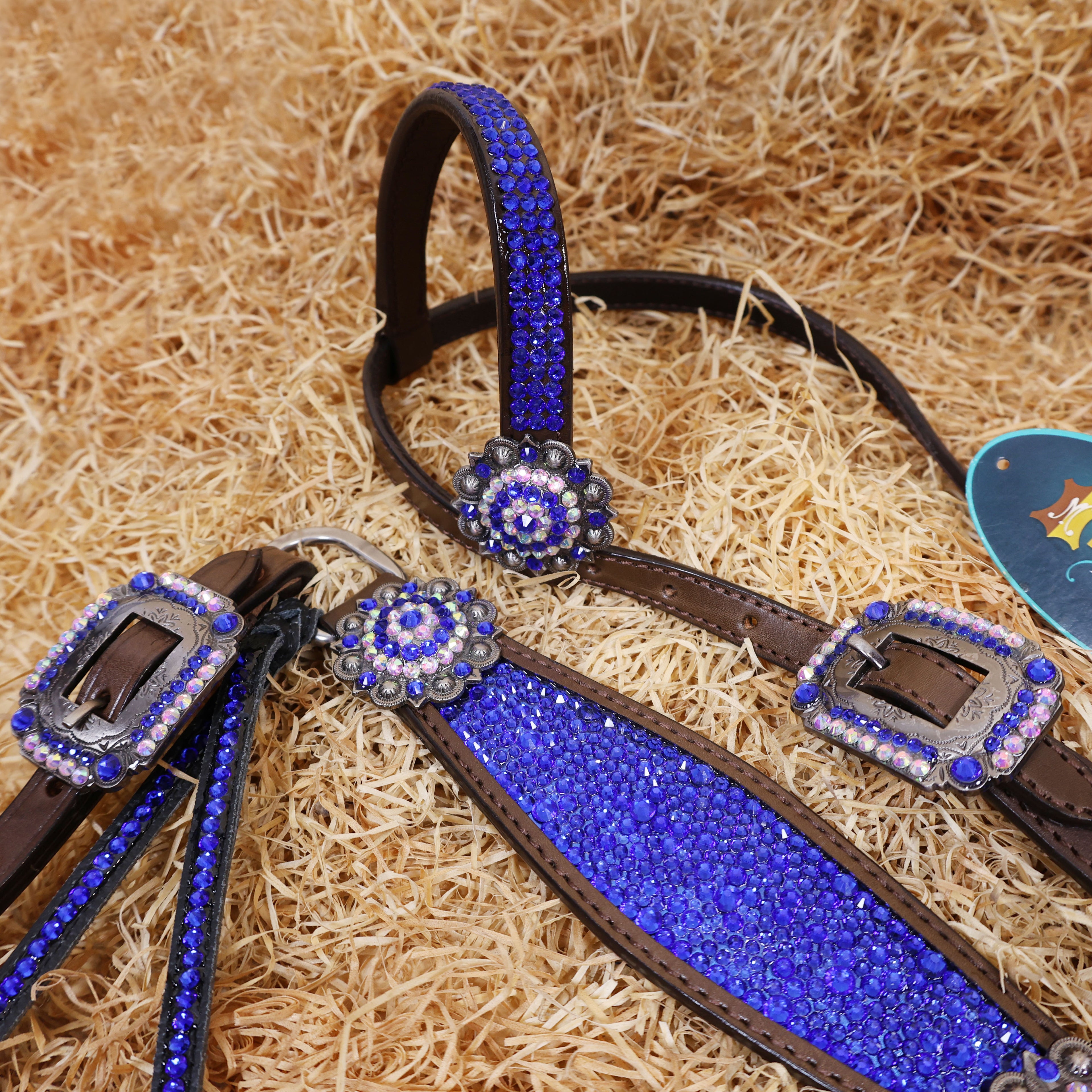 MOUSM Western Headstall and Breast Collar Set – Argentina Cow Leather Horse Tack Set Decorated with Royal Blue Rhinestones on Gladiator Breast Collar with Roping and Bling Conchos.