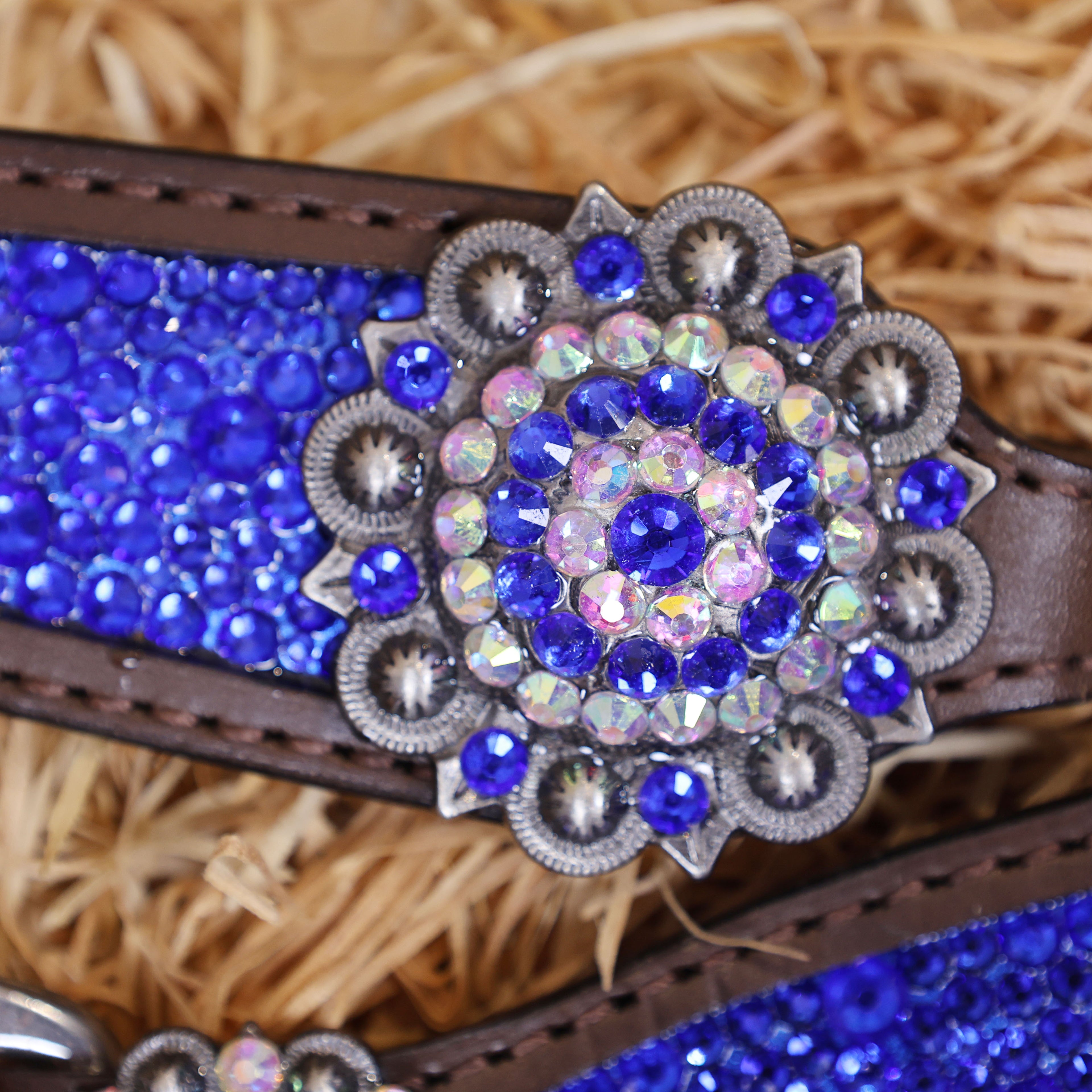 MOUSM Western Headstall and Breast Collar Set – Argentina Cow Leather Horse Tack Set Decorated with Royal Blue Rhinestones on Gladiator Breast Collar with Roping and Bling Conchos.