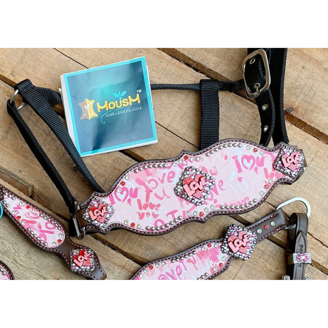 MOUSM Valentine Day Western Headstall and Breast Collar tack Collection – Western Bridles and Headstalls Decorated with Copper Studs & Printed Heart Inlay