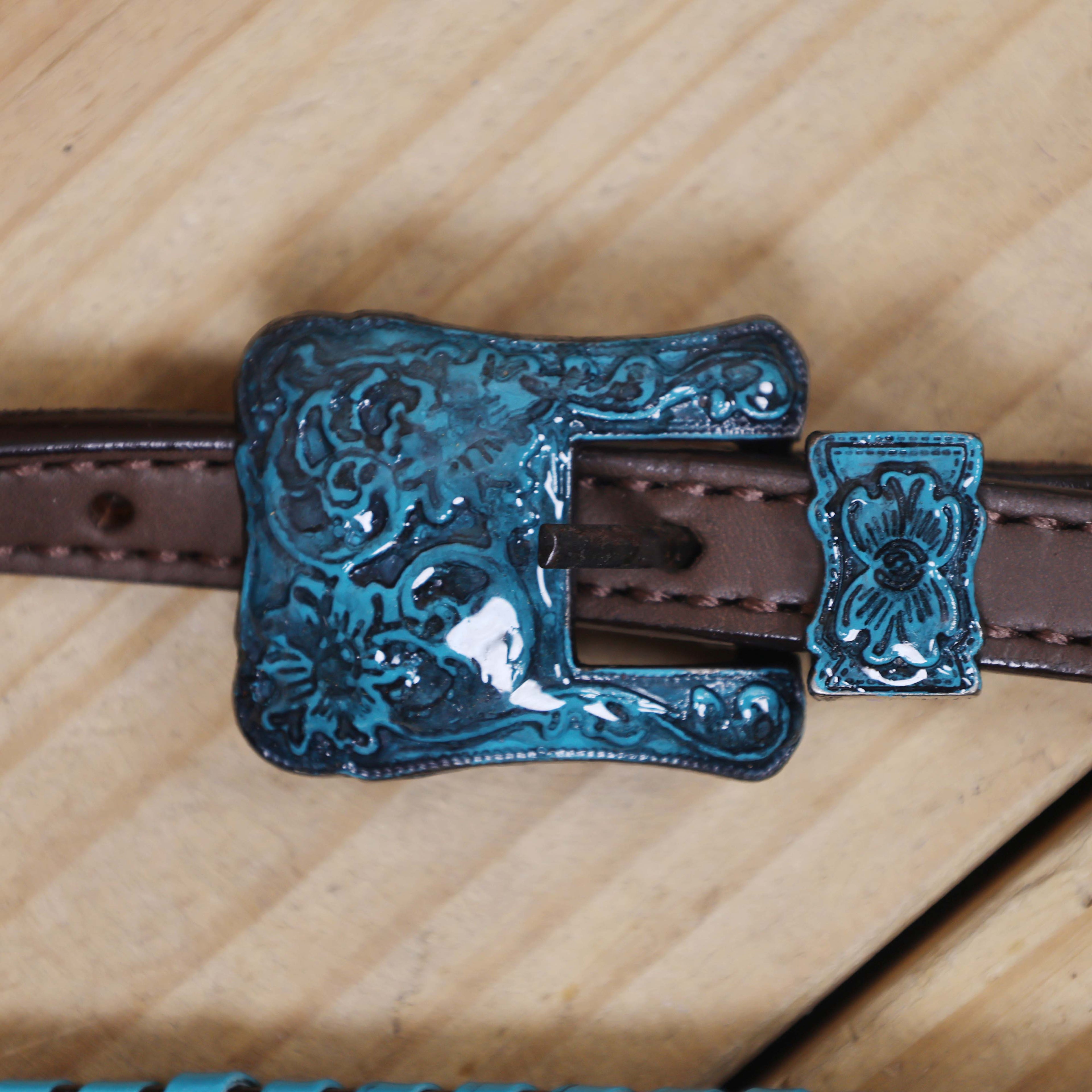 Western Horse Tack Set Decorated with Turquoise Whip Stitching with Geometrical Tooling Border and Turquoise Vintage Nickel Hardware MOUSM