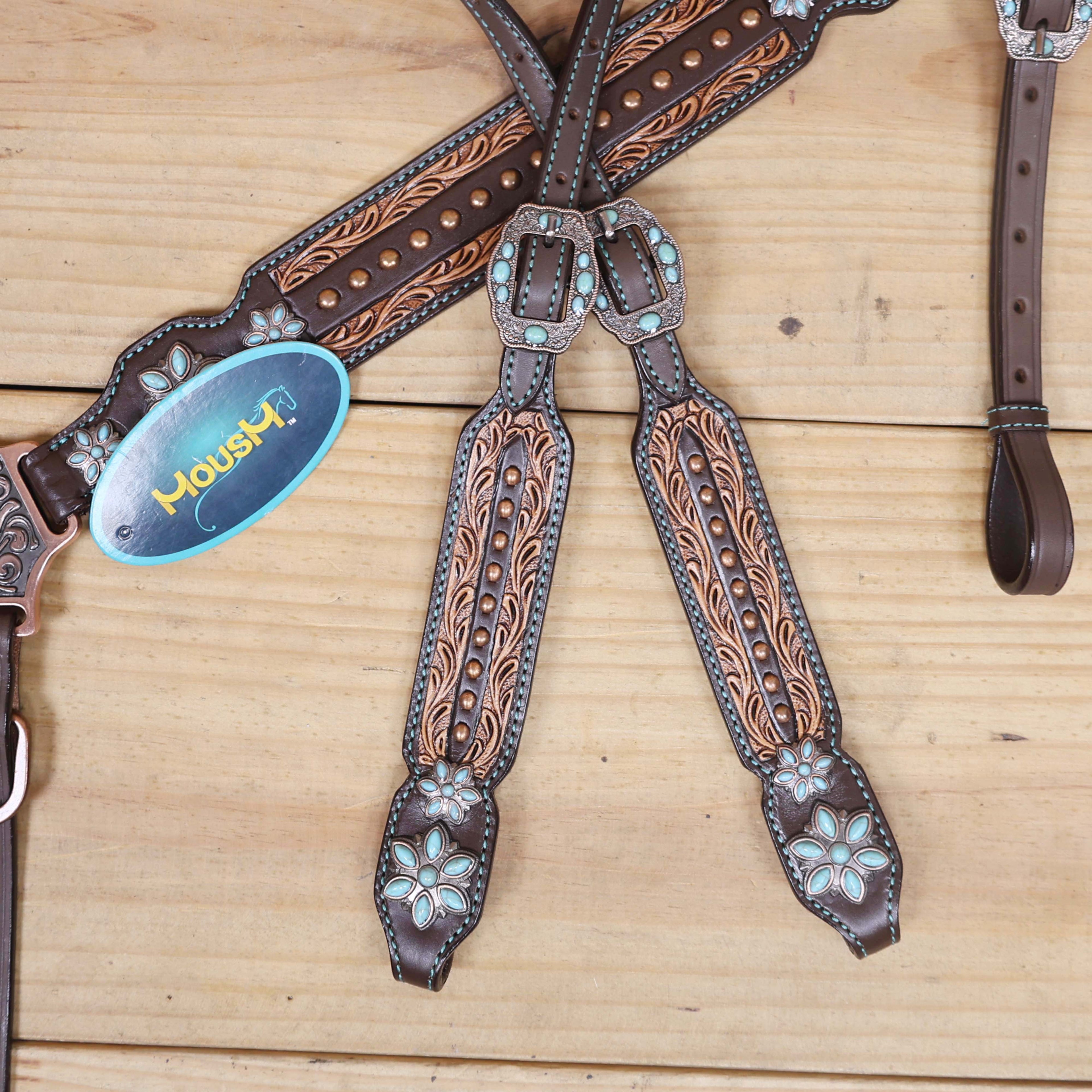 Western Leather Headstall and Breast Collar Tack Set Decorated with Border Carving Antique Finish with Copper Studs and Turquoise Stone Flower Hardware MOUSM