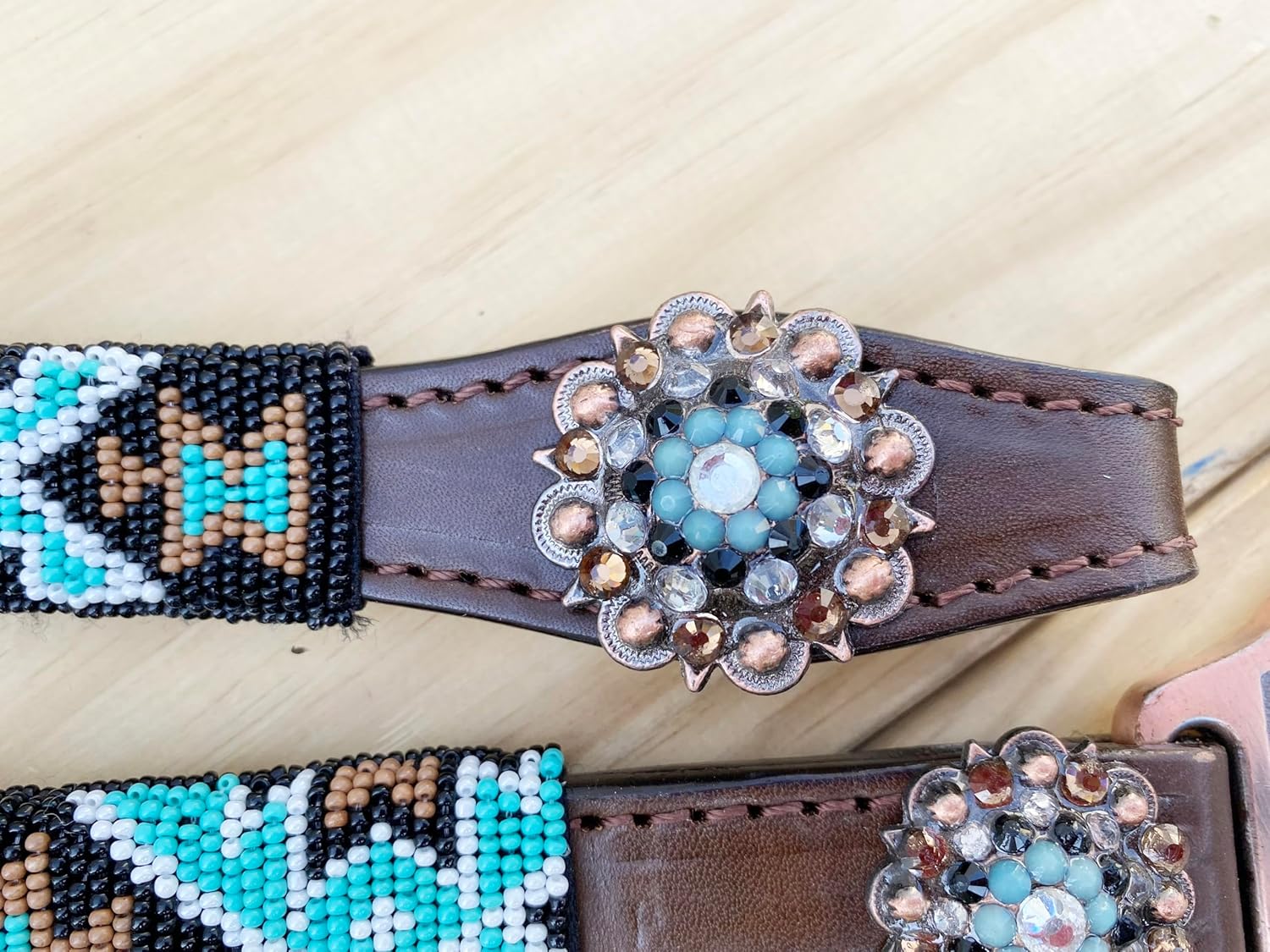 MOUSM Argentina Cow Leather Western Headstall and Breast Collar with Wither Strap Tack Set for Horse - Decorated with Hand-Beaded Turquoise & Brown Inlay