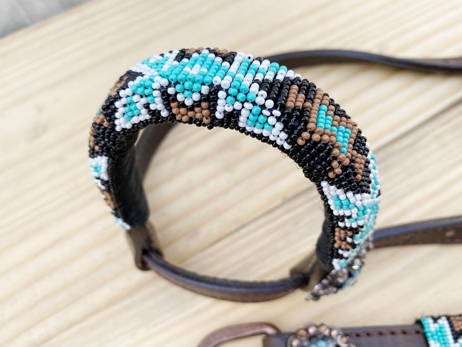 MOUSM Argentina Cow Leather Western Headstall and Breast Collar with Wither Strap Tack Set for Horse - Decorated with Hand-Beaded Turquoise & Brown Inlay