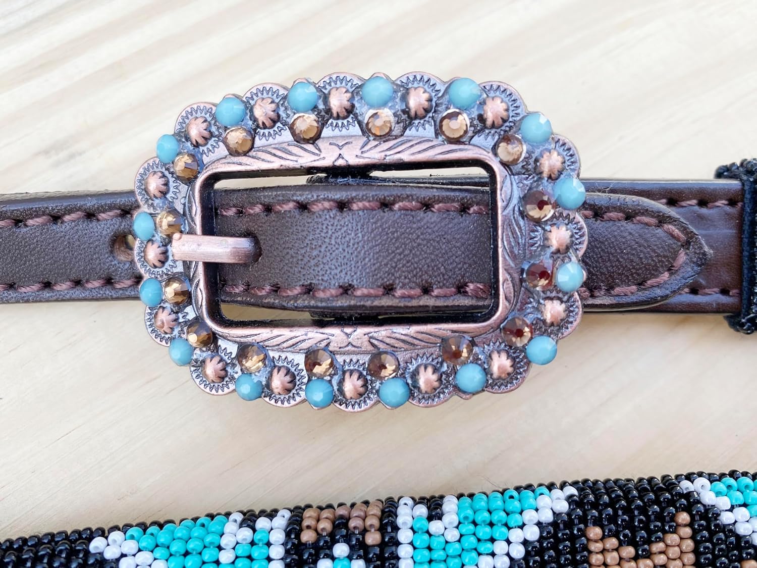 MOUSM Argentina Cow Leather Western Headstall and Breast Collar with Wither Strap Tack Set for Horse - Decorated with Hand-Beaded Turquoise & Brown Inlay