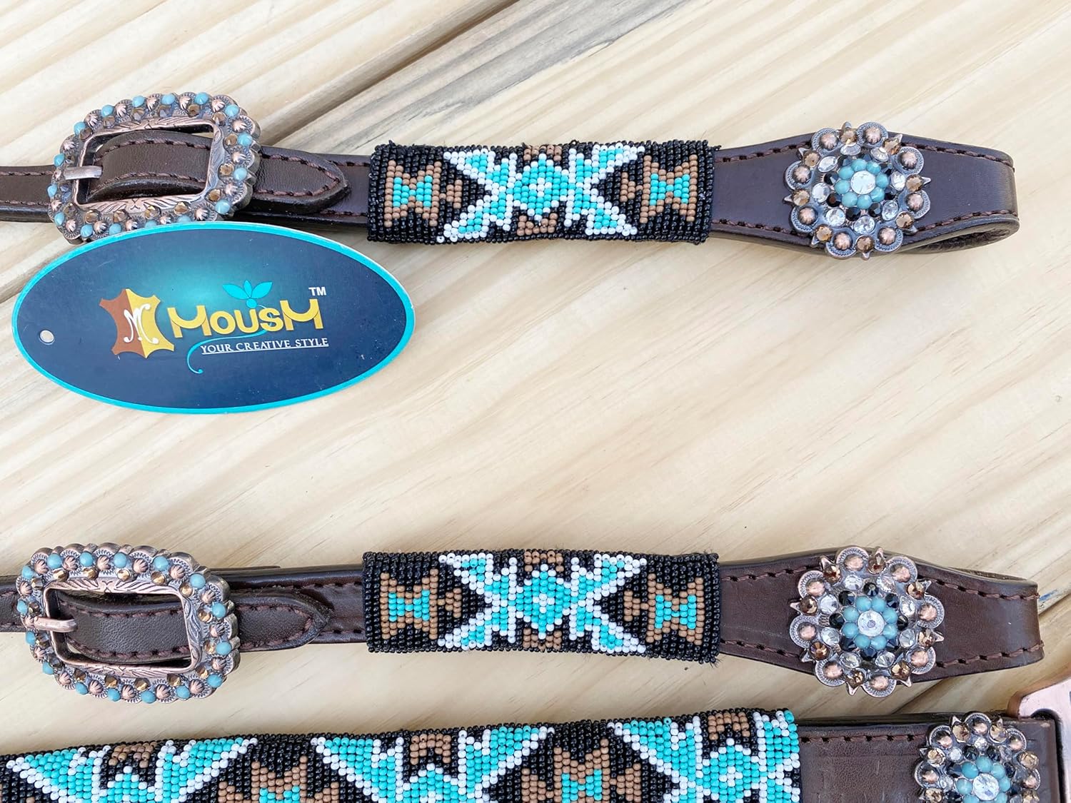 MOUSM Argentina Cow Leather Western Headstall and Breast Collar with Wither Strap Tack Set for Horse - Decorated with Hand-Beaded Turquoise & Brown Inlay