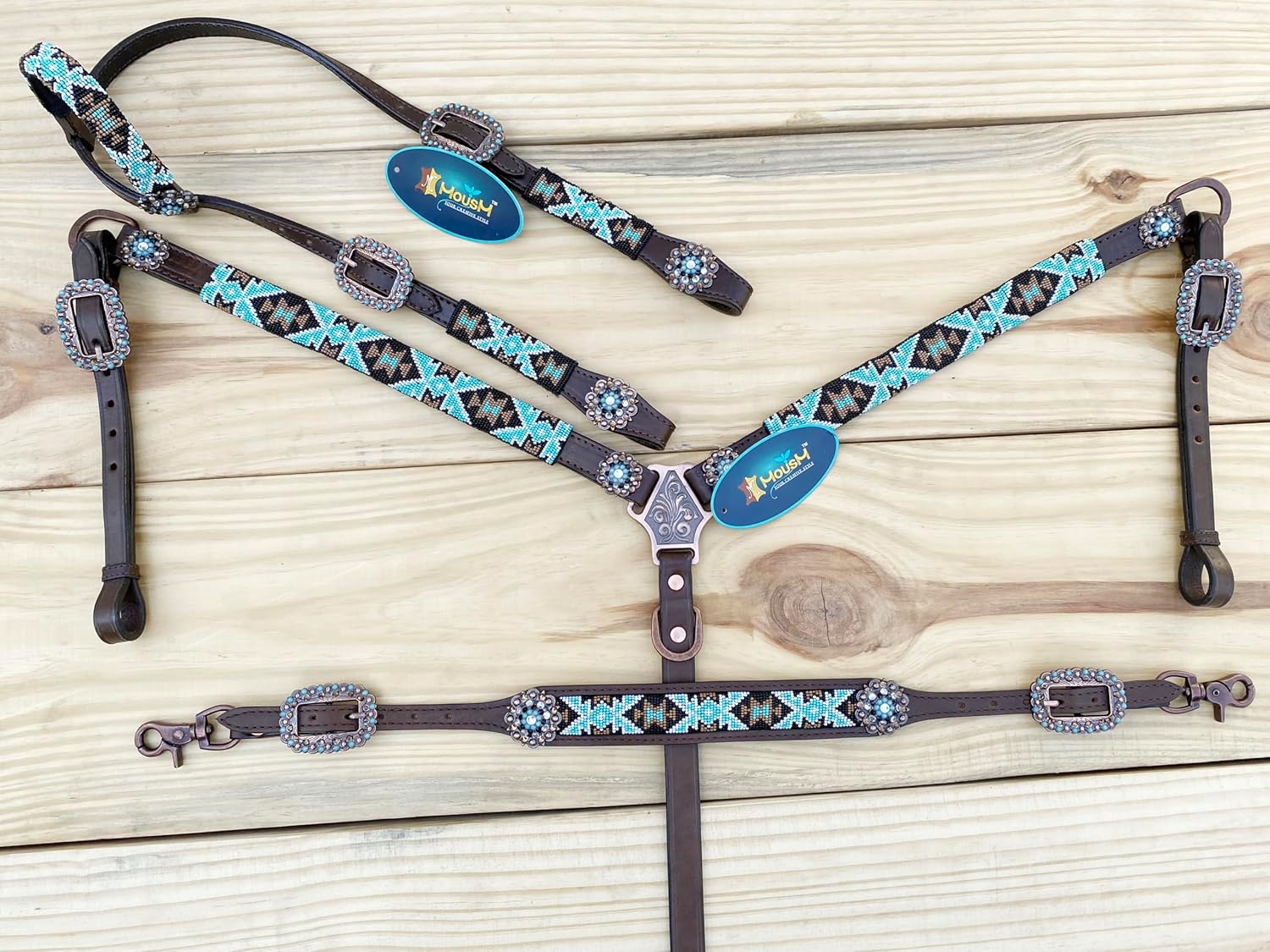 MOUSM Argentina Cow Leather Western Headstall and Breast Collar with Wither Strap Tack Set for Horse - Decorated with Hand-Beaded Turquoise & Brown Inlay