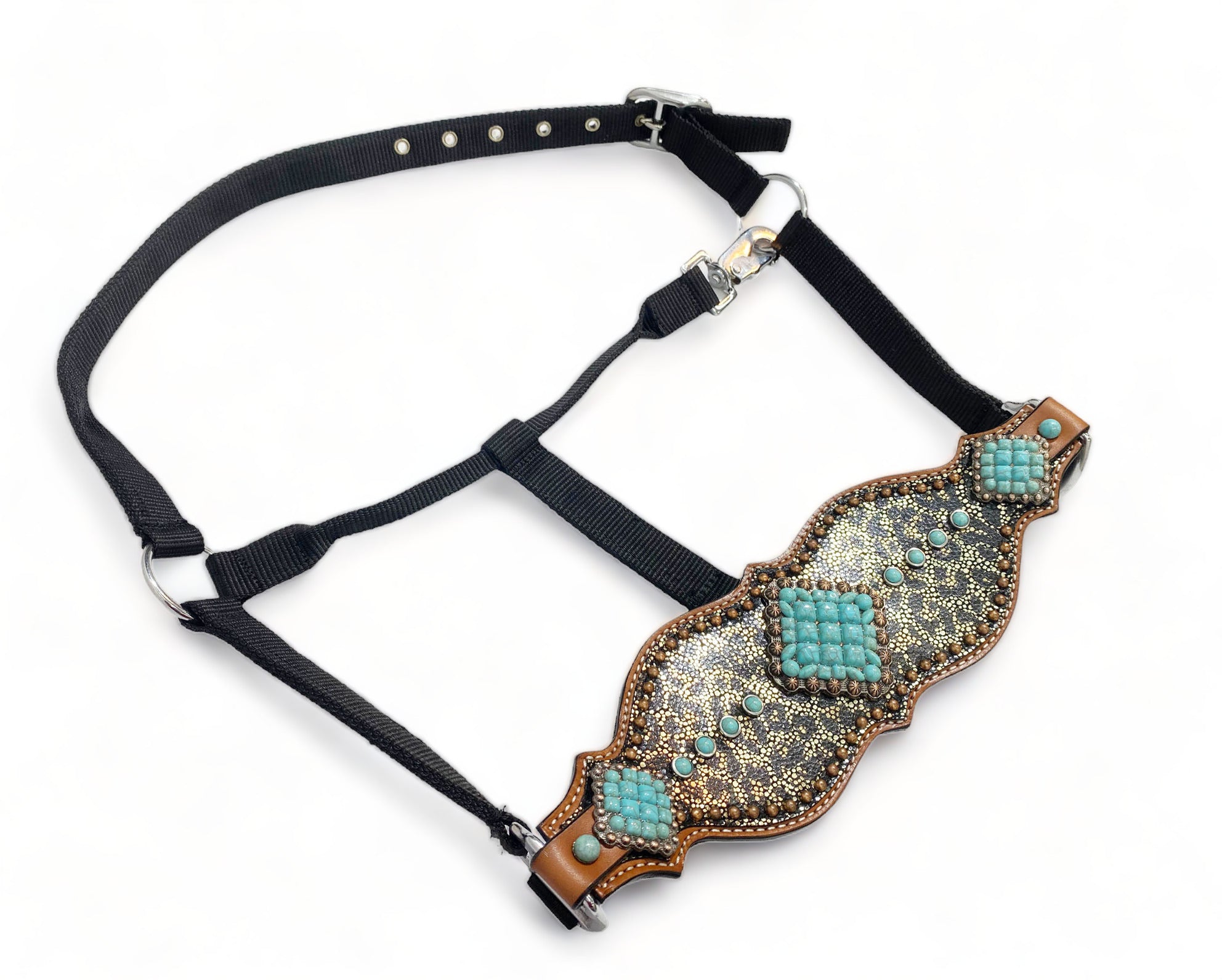 MOUSM Western Headstall & Breast Collar Set – Made with Argentina Cow Leather, Western Horse Tack Decorated with Leopard Print and Turquoise Stone Overlay, Antique Copper Hardware