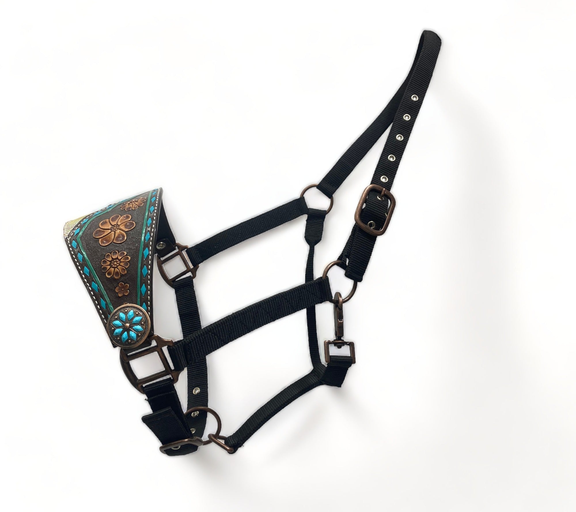 MOUSM Argentina Cow Leather Bronc Halter – Western Halter for Horse Decorated with Duo Tone Holographic Snake Print, Flower Carving, and Turquoise Buck Stitching, Antique Copper Hardware.