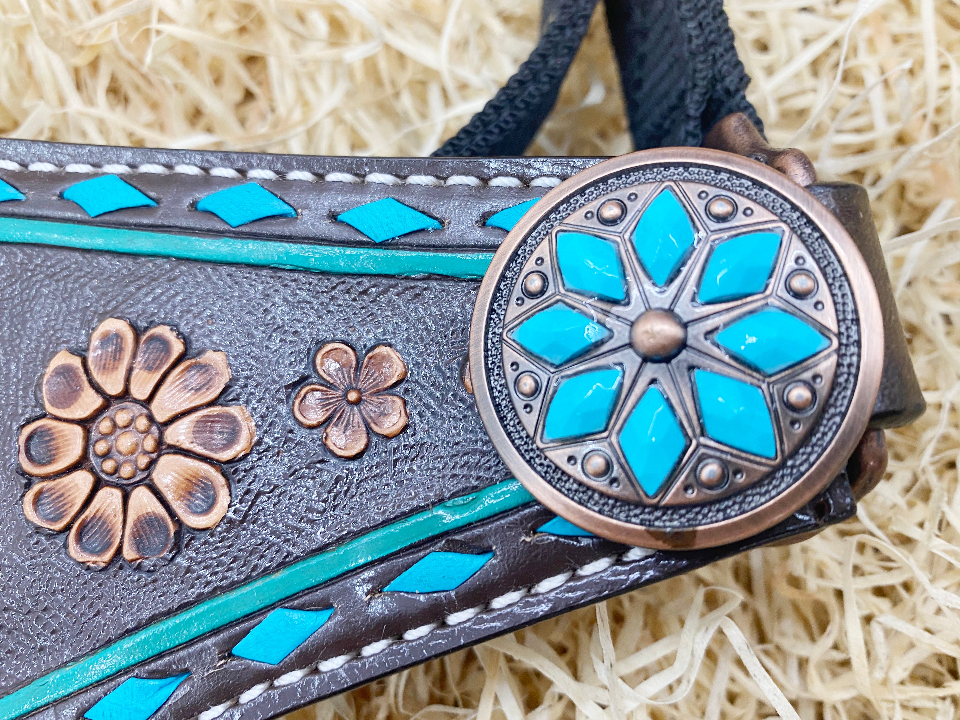 MOUSM Argentina Cow Leather Bronc Halter – Western Halter for Horse Decorated with Duo Tone Holographic Snake Print, Flower Carving, and Turquoise Buck Stitching, Antique Copper Hardware.