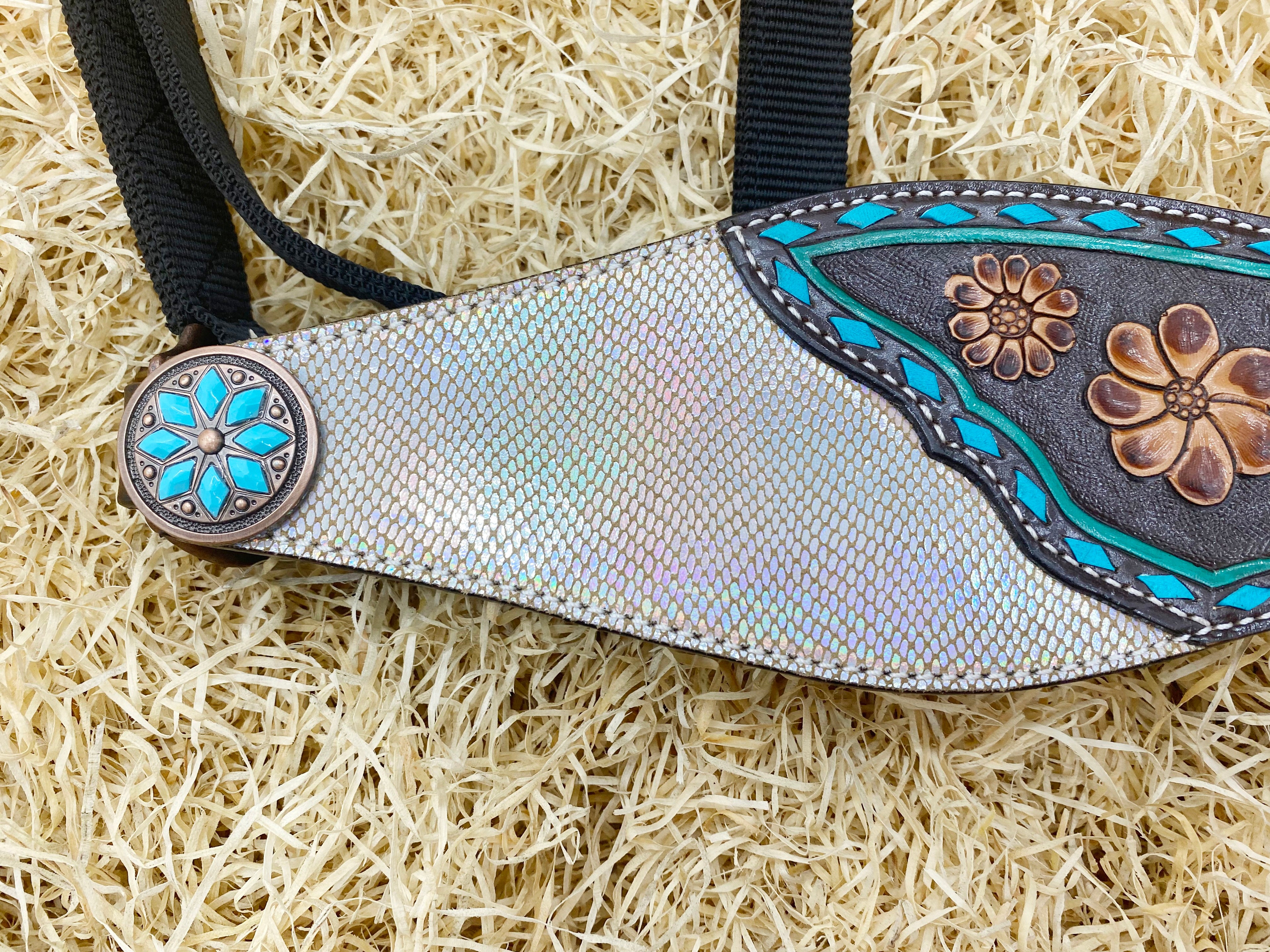 MOUSM Argentina Cow Leather Bronc Halter – Western Halter for Horse Decorated with Duo Tone Holographic Snake Print, Flower Carving, and Turquoise Buck Stitching, Antique Copper Hardware.