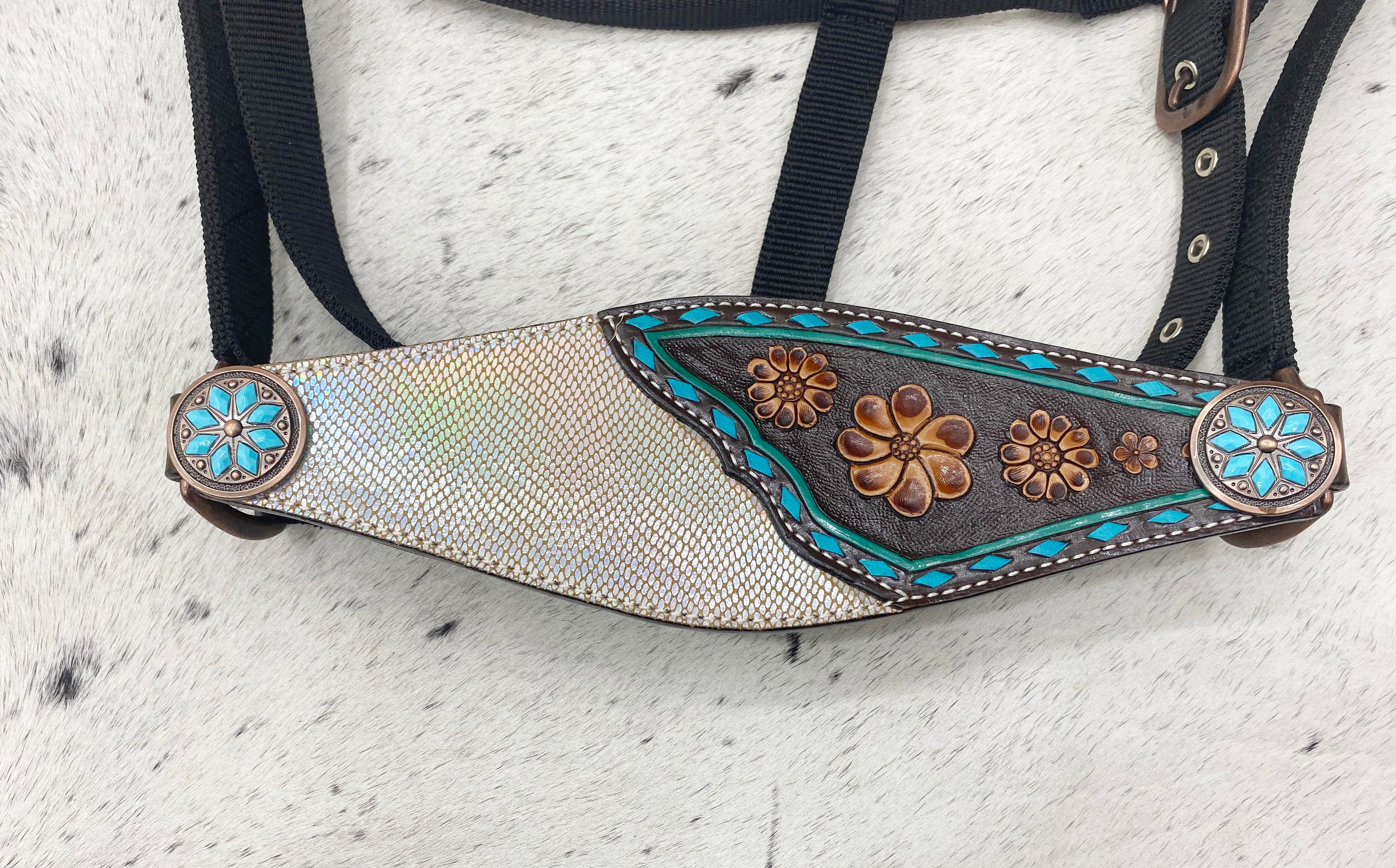 MOUSM Argentina Cow Leather Bronc Halter – Western Halter for Horse Decorated with Duo Tone Holographic Snake Print, Flower Carving, and Turquoise Buck Stitching, Antique Copper Hardware.