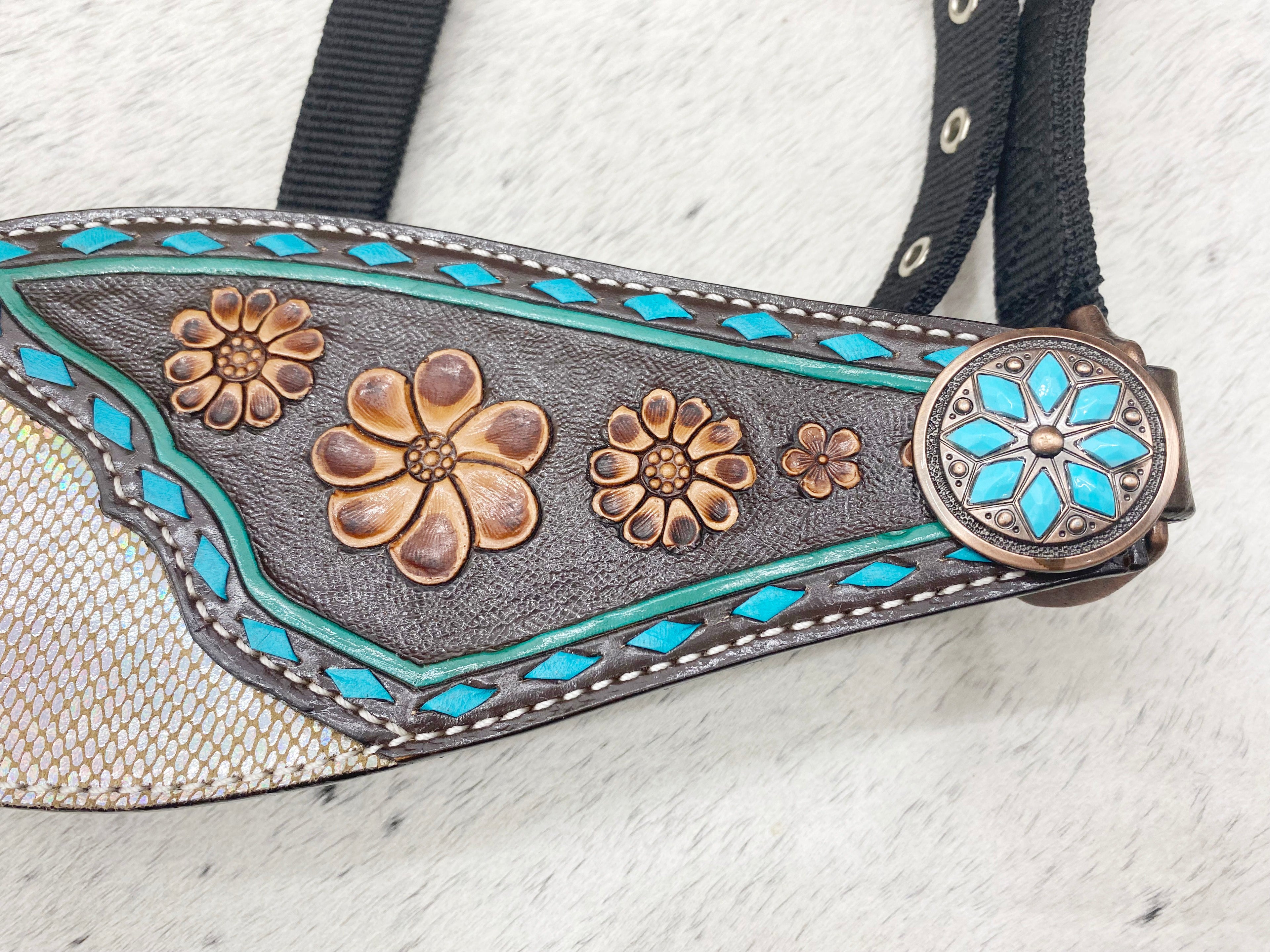 MOUSM Argentina Cow Leather Bronc Halter – Western Halter for Horse Decorated with Duo Tone Holographic Snake Print, Flower Carving, and Turquoise Buck Stitching, Antique Copper Hardware.