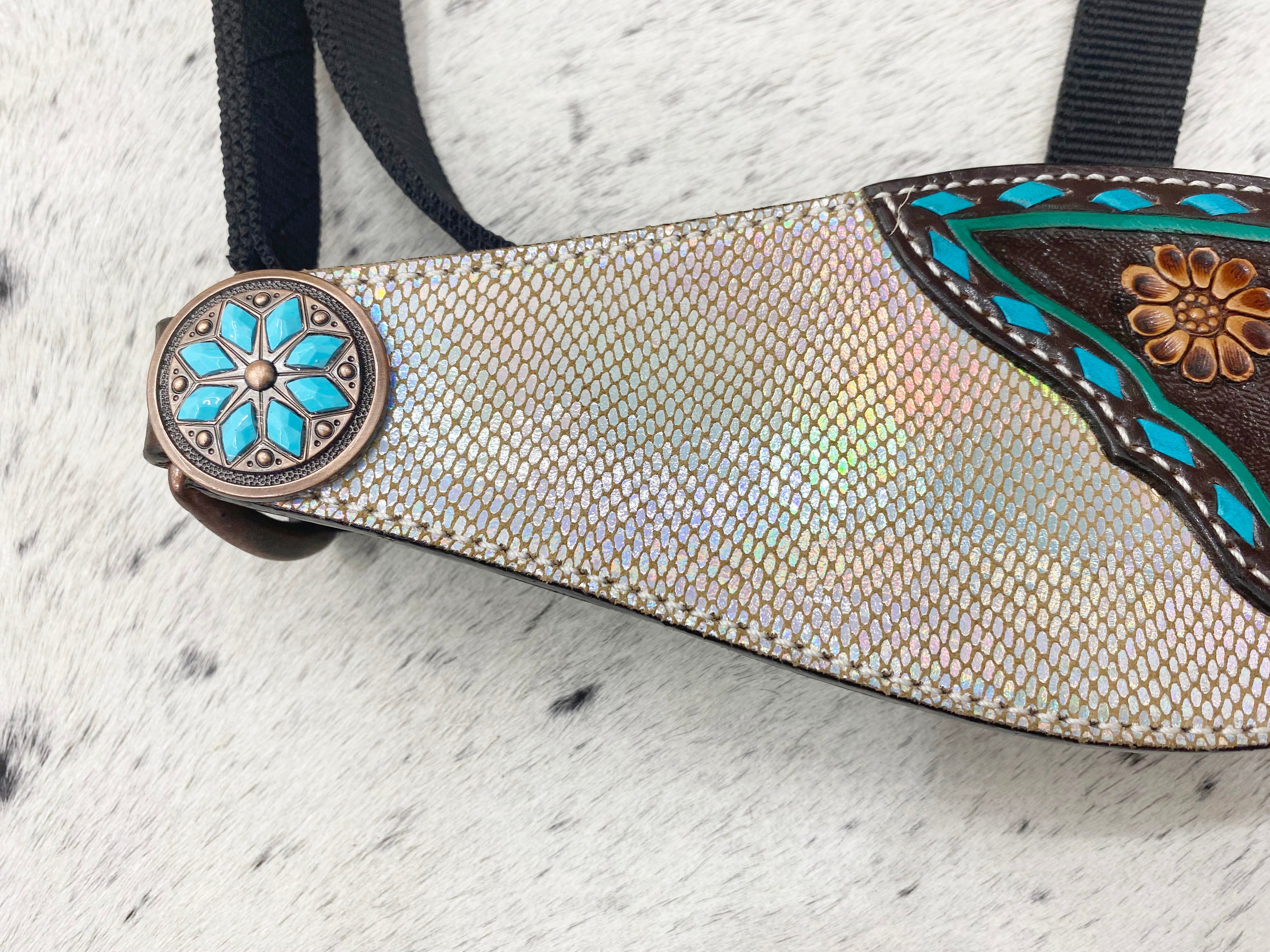 MOUSM Argentina Cow Leather Bronc Halter – Western Halter for Horse Decorated with Duo Tone Holographic Snake Print, Flower Carving, and Turquoise Buck Stitching, Antique Copper Hardware.