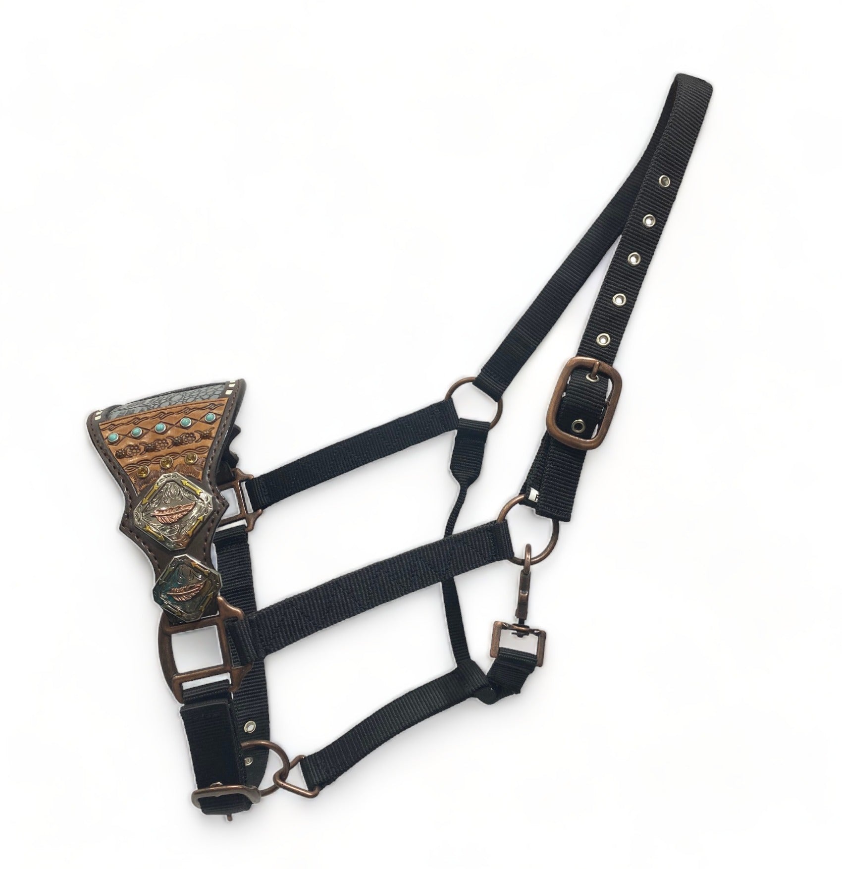 MOUSM Western Bronc Halter – Argentina Cow Leather Halter for Horse Decorated with Hand-Tooled Borders, Antique Copper Sunburst Studs, Feather Accents & Grey Alligator Pattern Inlay.