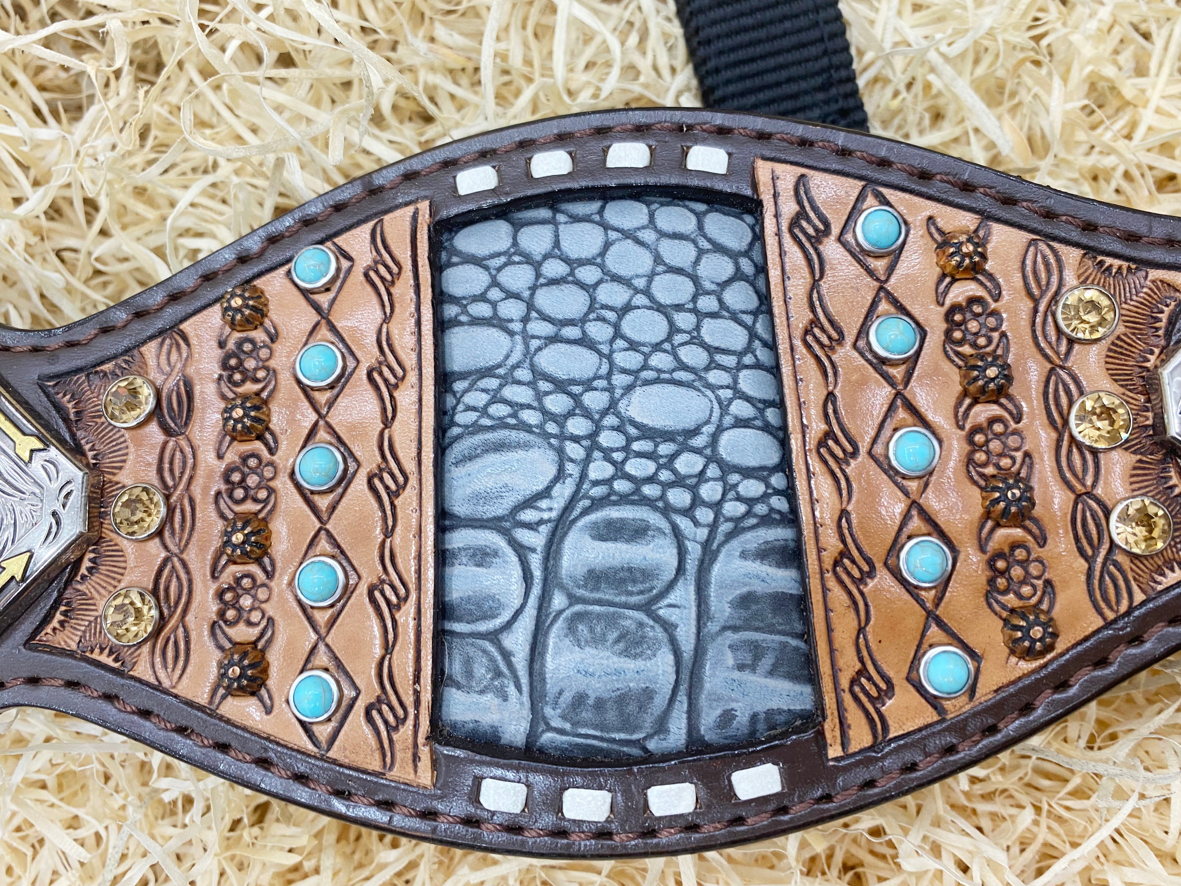 MOUSM Western Bronc Halter – Argentina Cow Leather Halter for Horse Decorated with Hand-Tooled Borders, Antique Copper Sunburst Studs, Feather Accents & Grey Alligator Pattern Inlay.