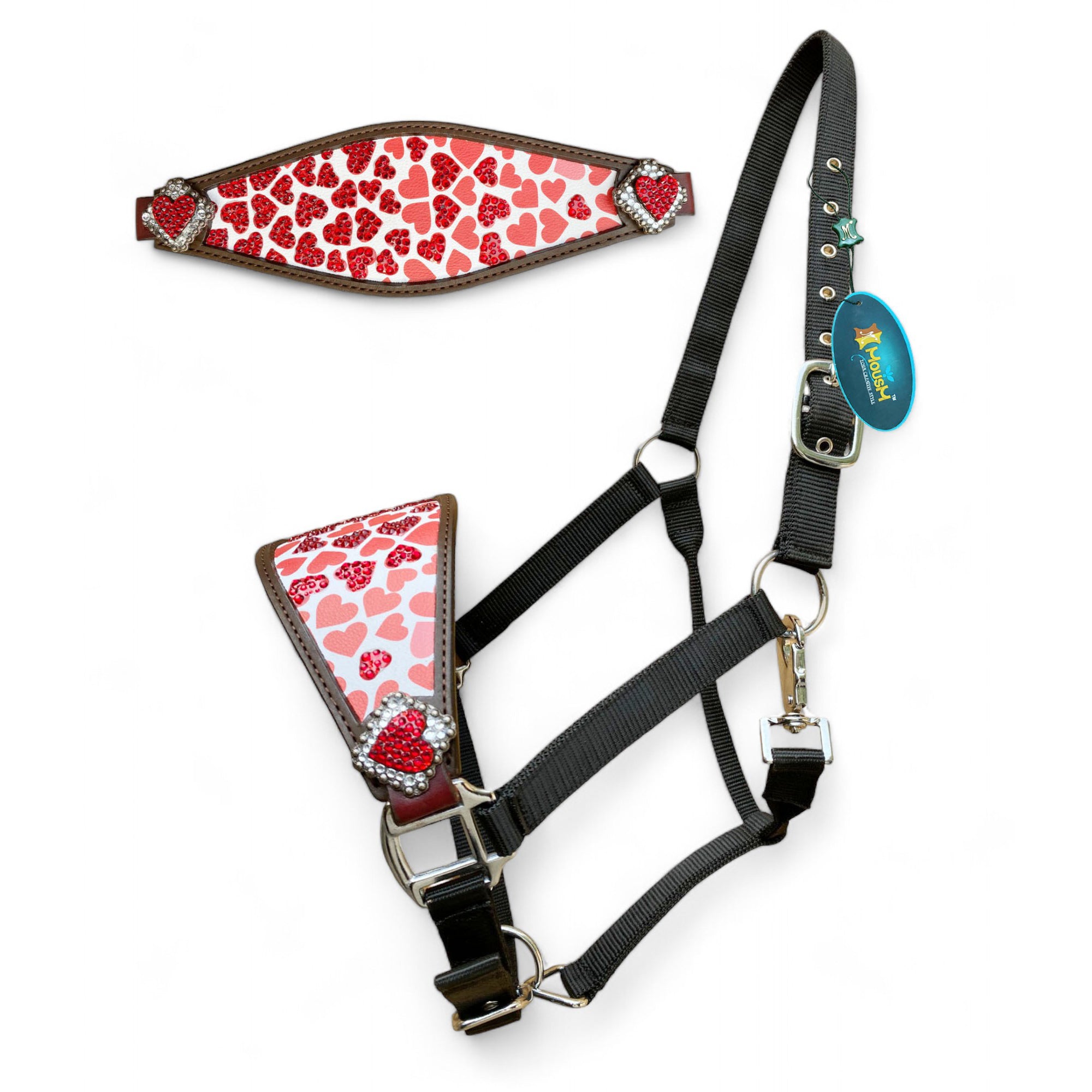MOUSM Argentina Cow Leather Bronc Halter - Western Horse Halter Decorated with Heart Print, Red Stones, Heart Conchos