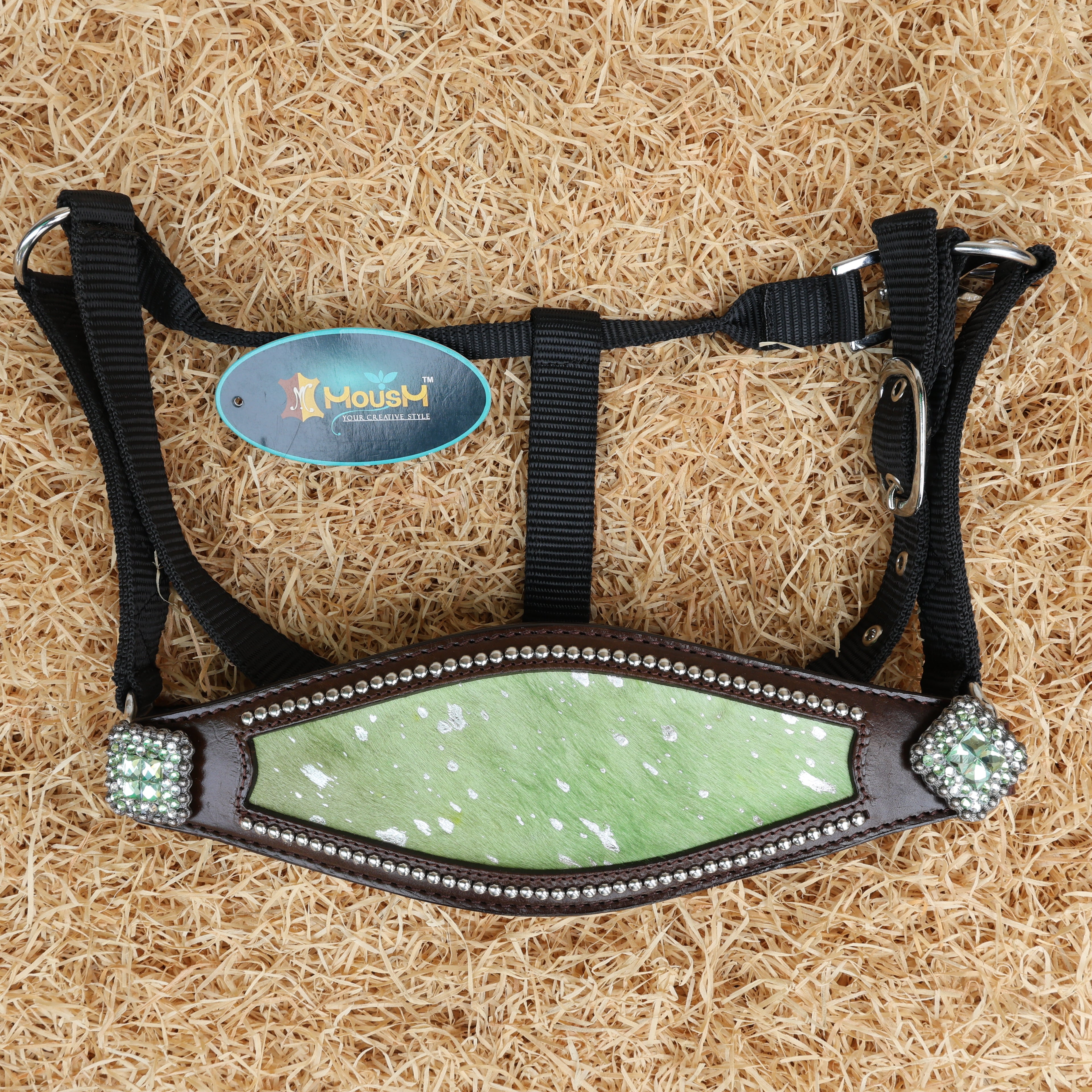 MOUSM Argentina Cow Leather Bronc Halter - Western Horse Noseband Decorated with Lime Green Metallic Acid Wash Cowhide and Rhinestones Conchos