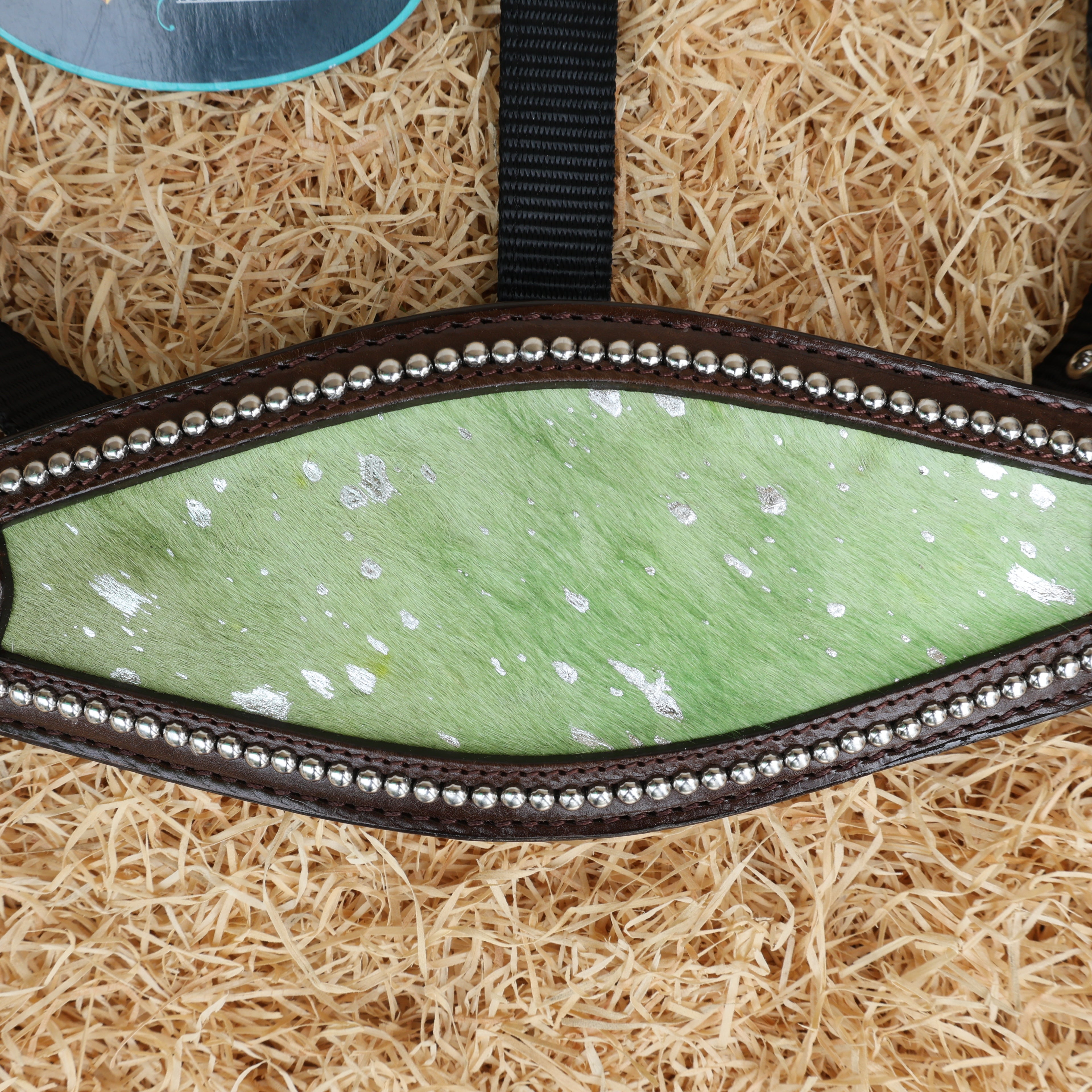 MOUSM Argentina Cow Leather Bronc Halter - Western Horse Noseband Decorated with Lime Green Metallic Acid Wash Cowhide and Rhinestones Conchos