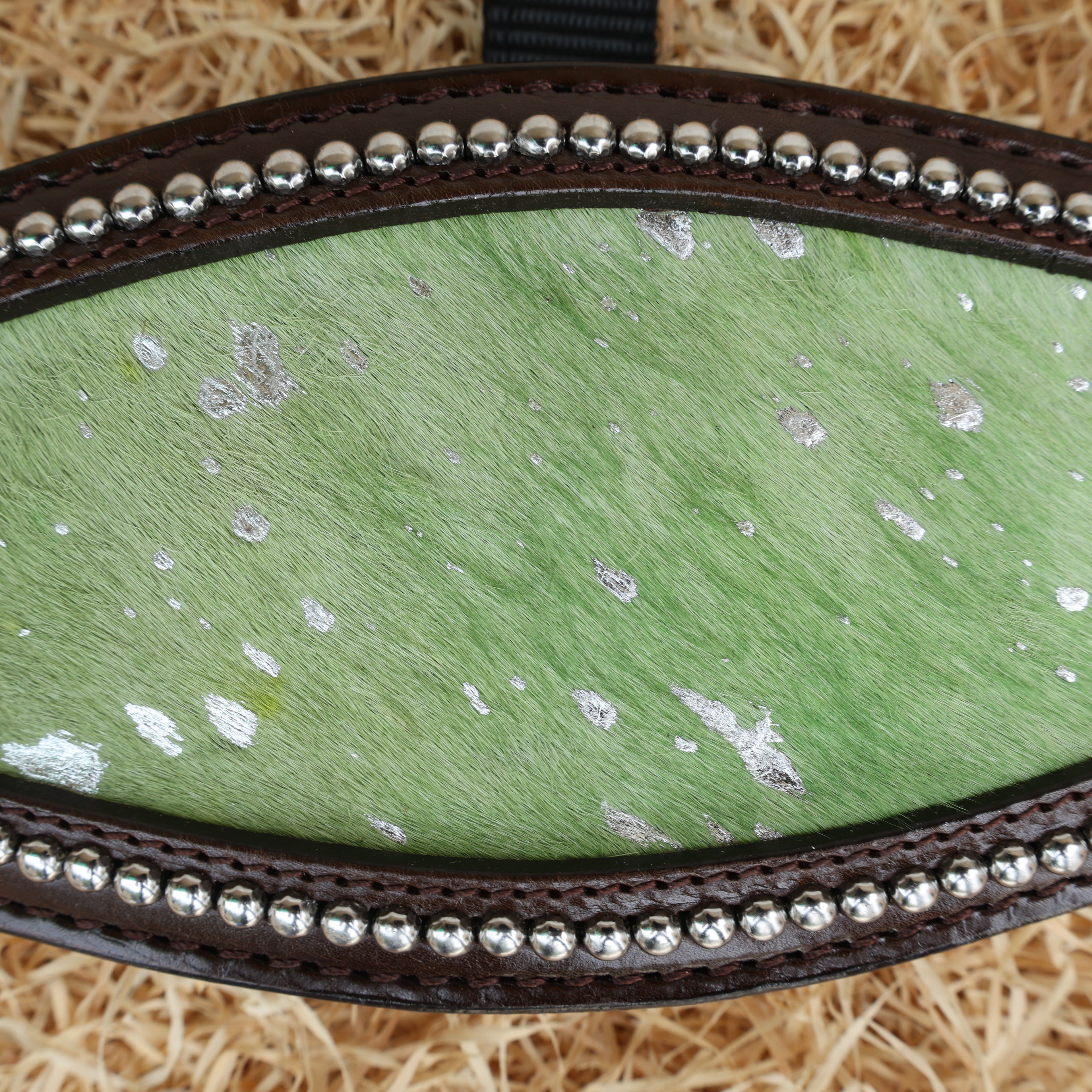 MOUSM Argentina Cow Leather Bronc Halter - Western Horse Noseband Decorated with Lime Green Metallic Acid Wash Cowhide and Rhinestones Conchos