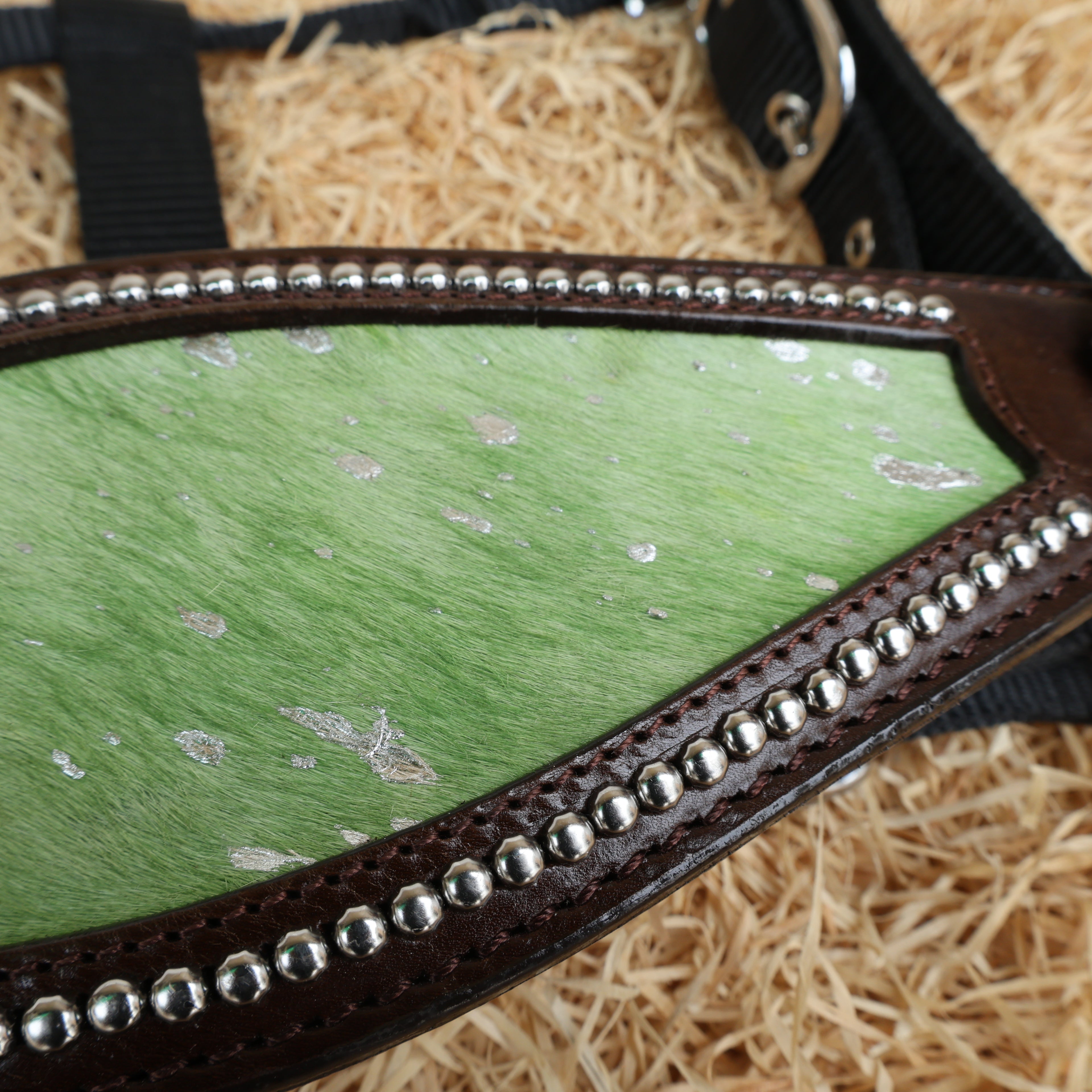MOUSM Argentina Cow Leather Bronc Halter - Western Horse Noseband Decorated with Lime Green Metallic Acid Wash Cowhide and Rhinestones Conchos