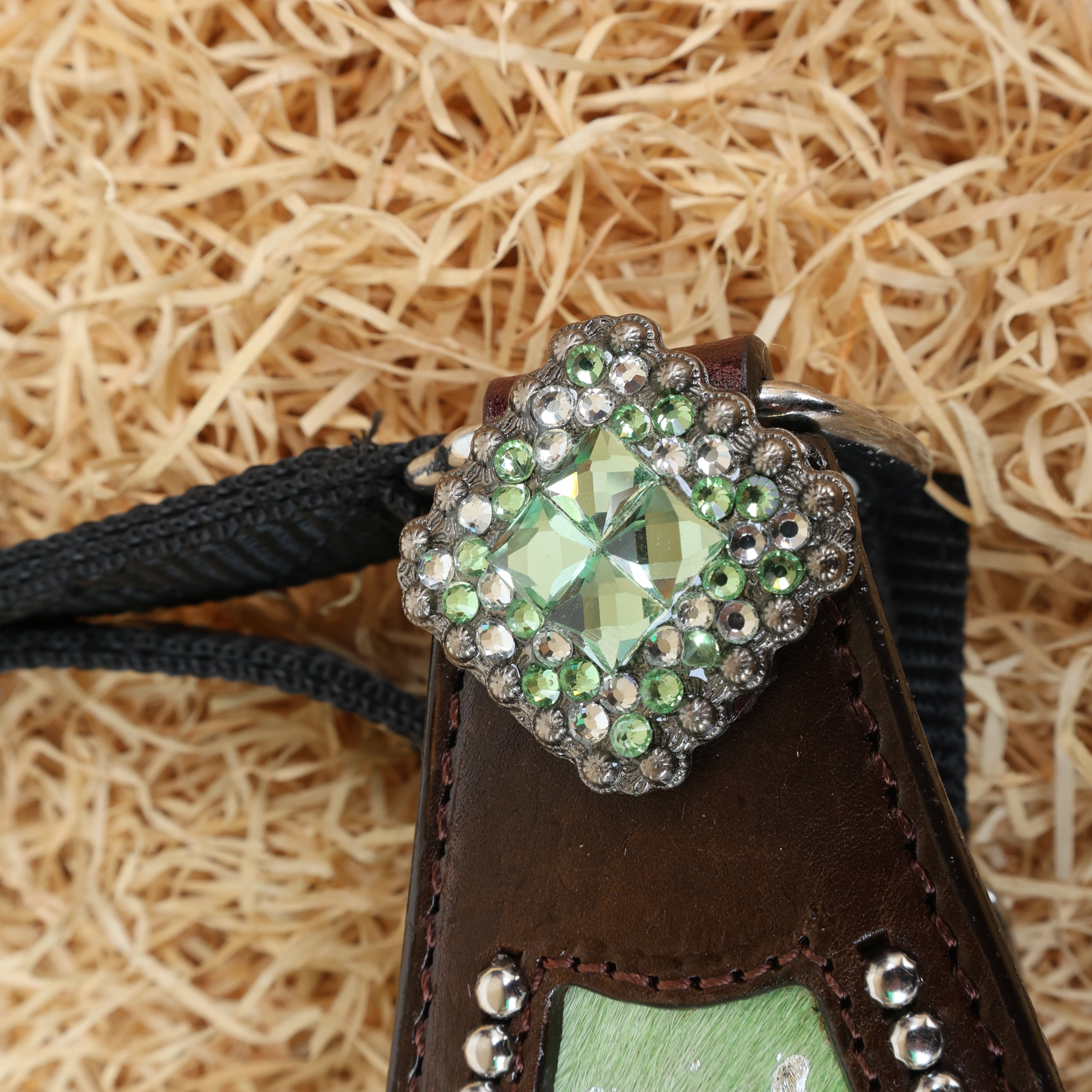 MOUSM Argentina Cow Leather Bronc Halter - Western Horse Noseband Decorated with Lime Green Metallic Acid Wash Cowhide and Rhinestones Conchos