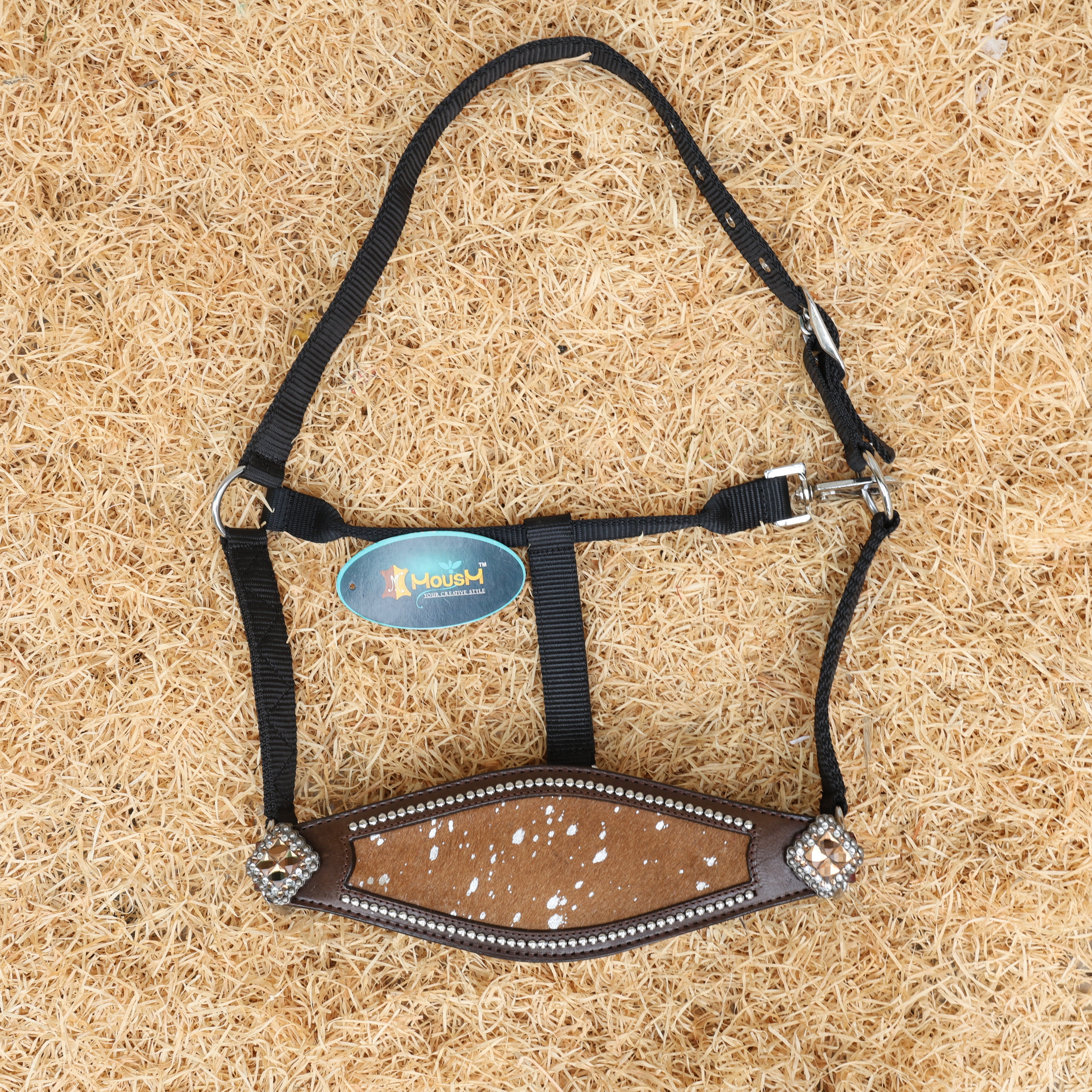 MOUSM Argentina Cow Leather Bronc Halter - Western Horse Noseband Decorated with Tan Brown Metallic Acid Wash Cowhide and Rhinestones Conchos
