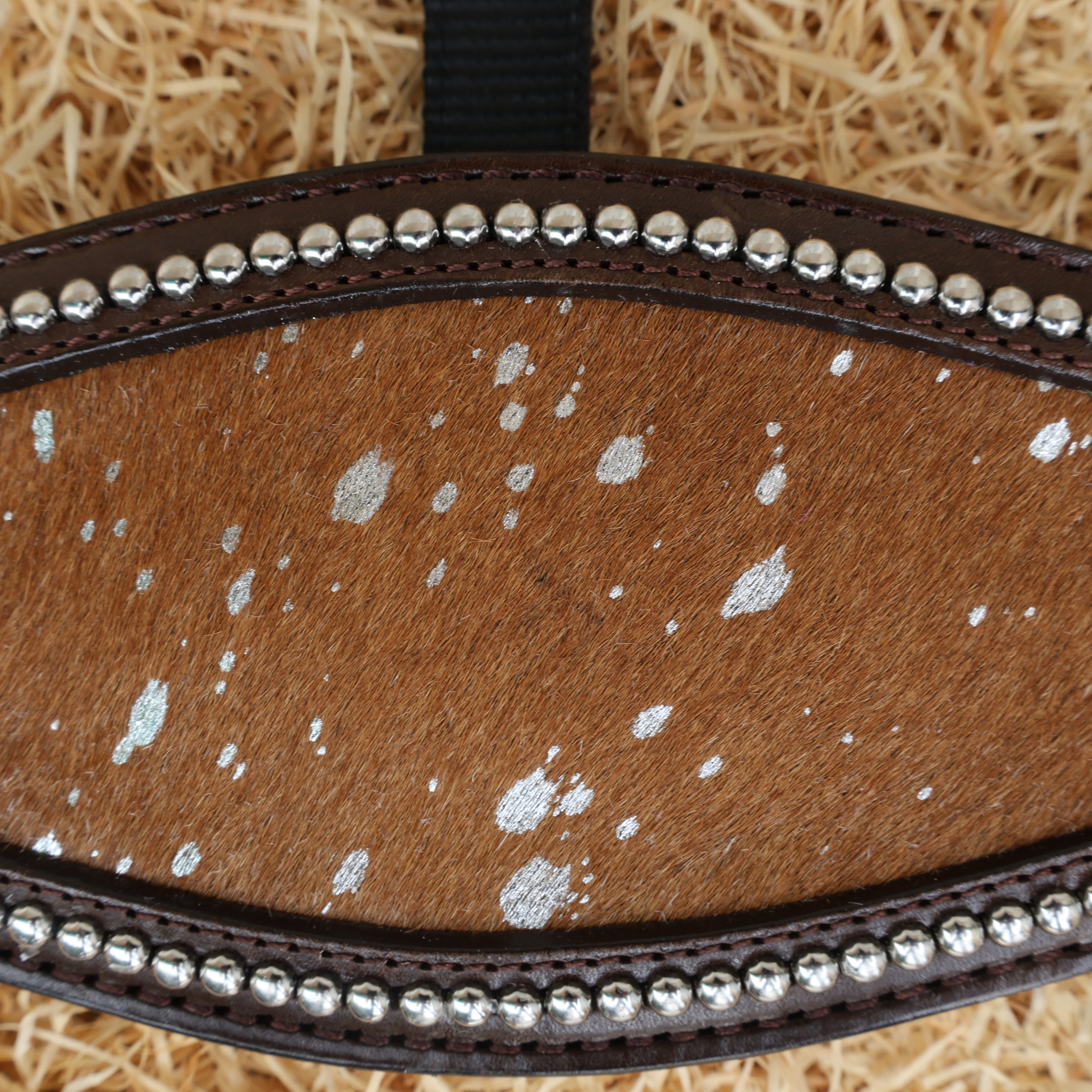 MOUSM Argentina Cow Leather Bronc Halter - Western Horse Noseband Decorated with Tan Brown Metallic Acid Wash Cowhide and Rhinestones Conchos