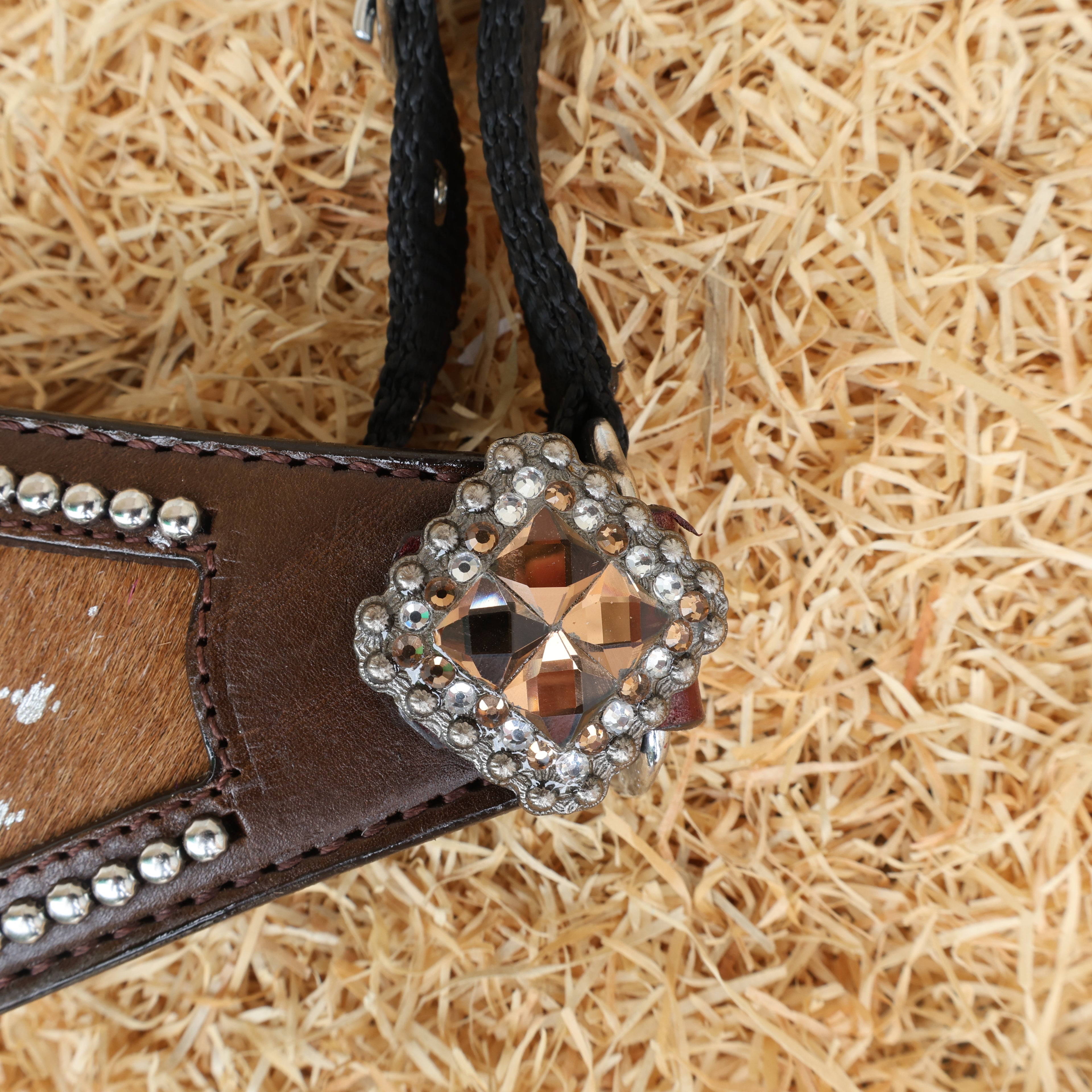 MOUSM Argentina Cow Leather Bronc Halter - Western Horse Noseband Decorated with Tan Brown Metallic Acid Wash Cowhide and Rhinestones Conchos