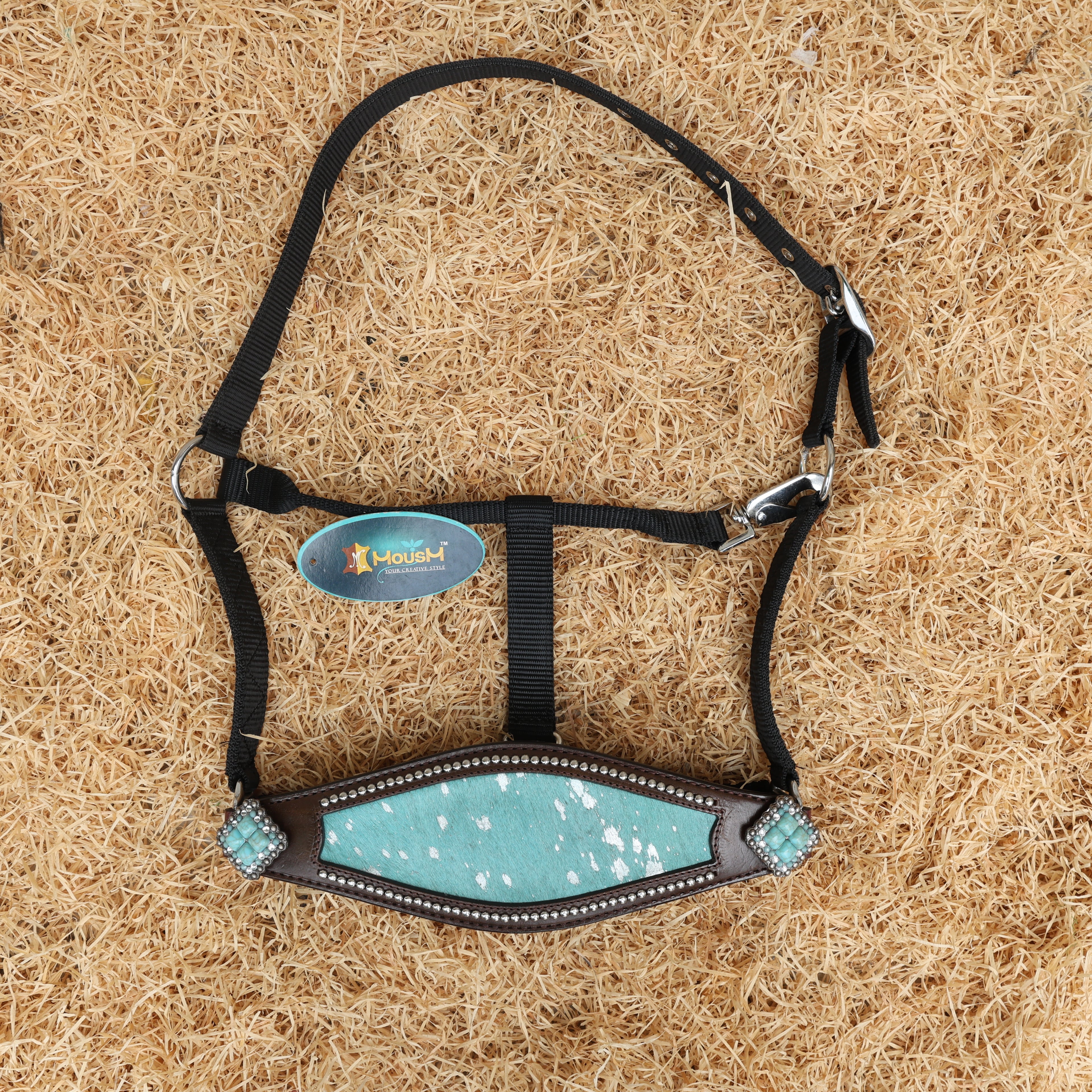 MOUSM Argentina Cow Leather Bronc Halter - Western Horse Noseband Decorated with Turquoise Metallic Acid Wash Cowhide and Rhinestones Conchos