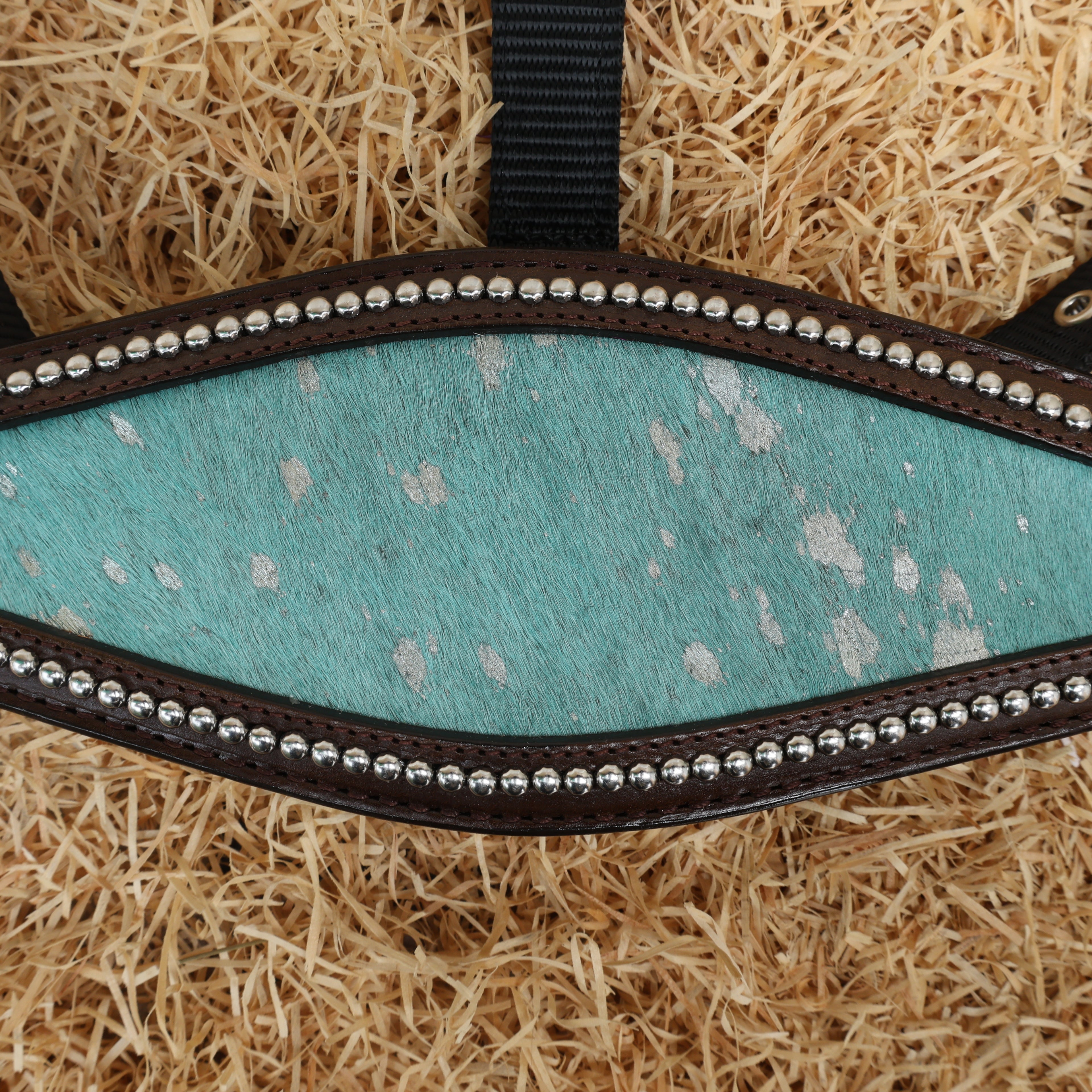 MOUSM Argentina Cow Leather Bronc Halter - Western Horse Noseband Decorated with Turquoise Metallic Acid Wash Cowhide and Rhinestones Conchos
