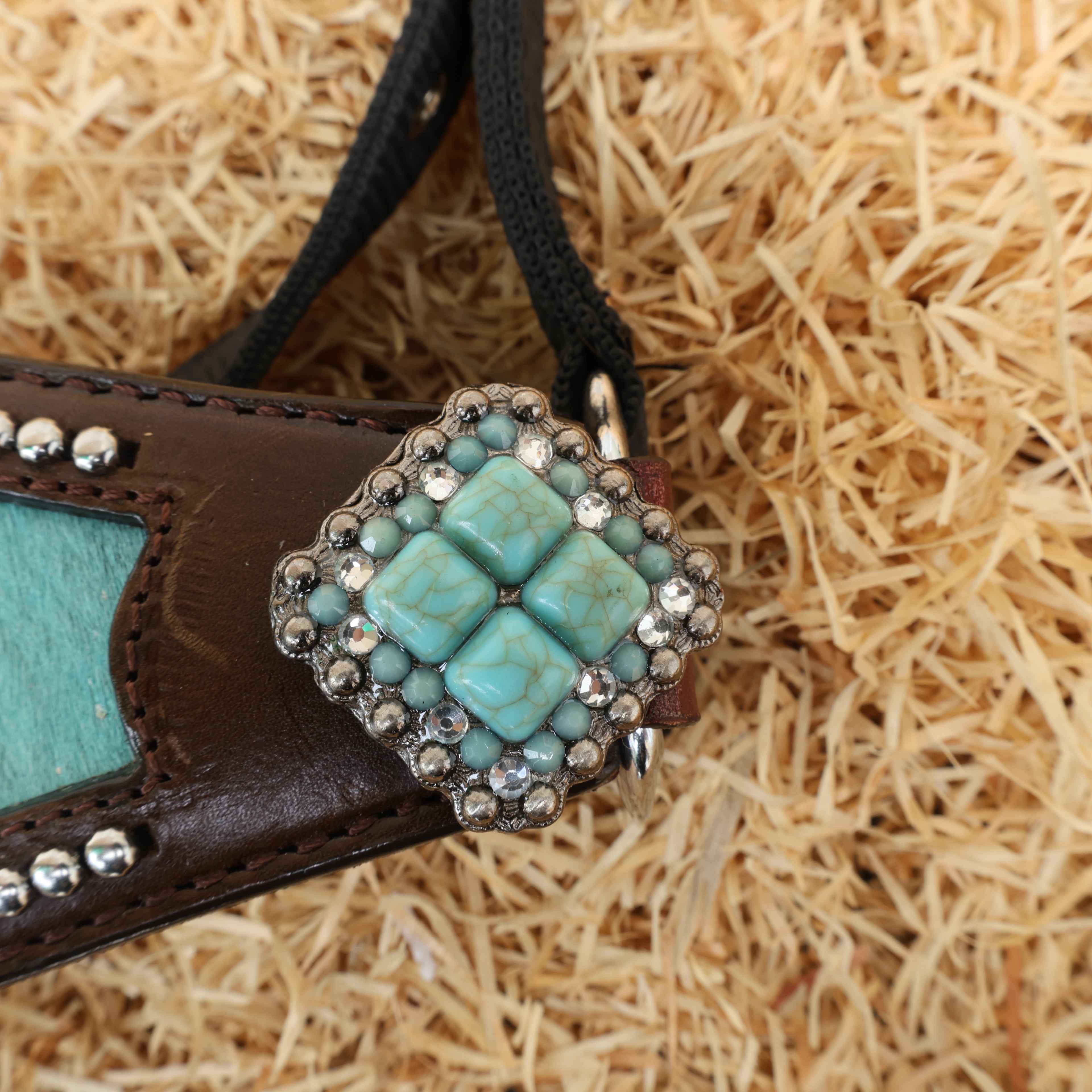 MOUSM Argentina Cow Leather Bronc Halter - Western Horse Noseband Decorated with Turquoise Metallic Acid Wash Cowhide and Rhinestones Conchos