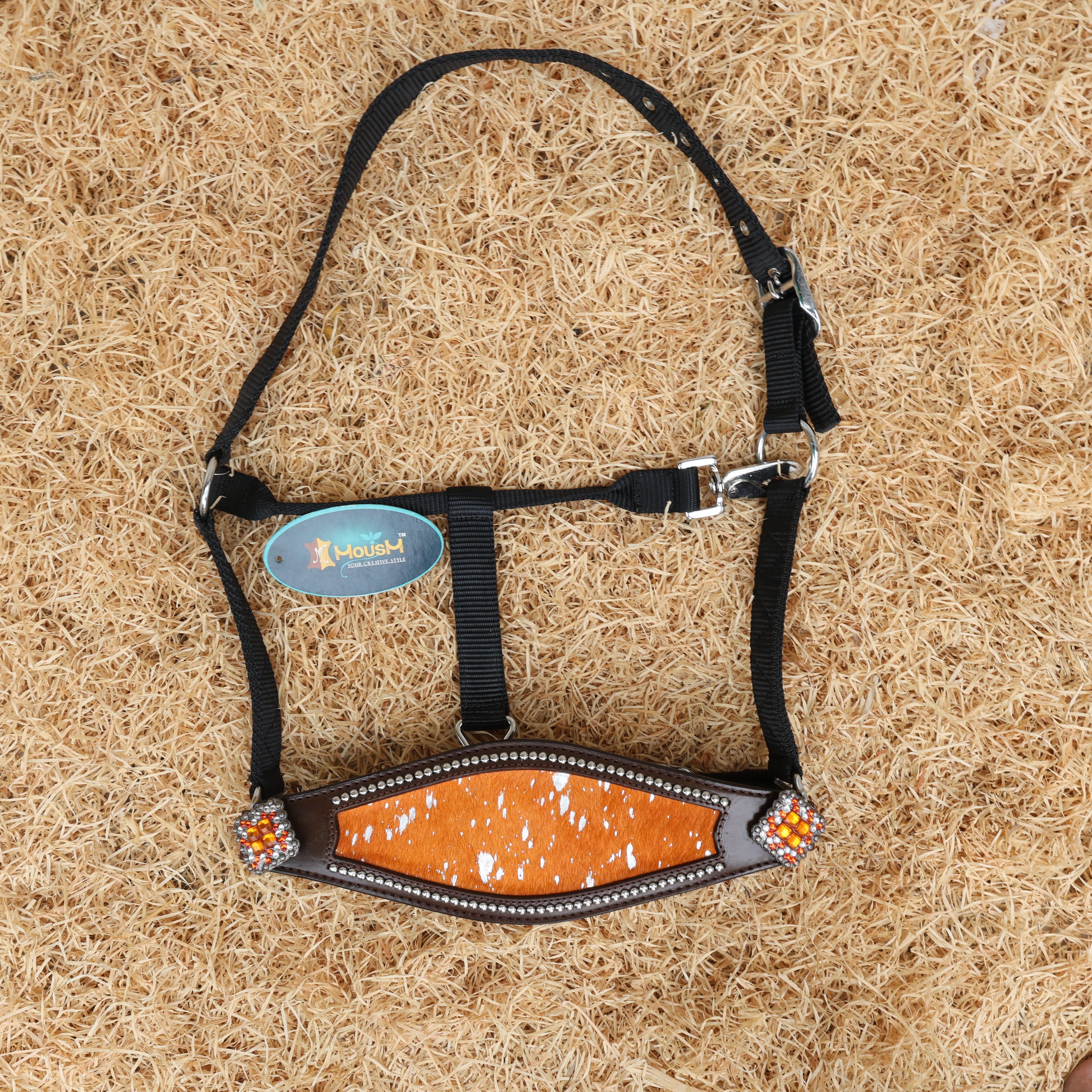 MOUSM Argentina Cow Leather Bronc Halter - Western Horse Noseband Decorated with Orange Metallic Acid Wash Cowhide and Rhinestones Conchos