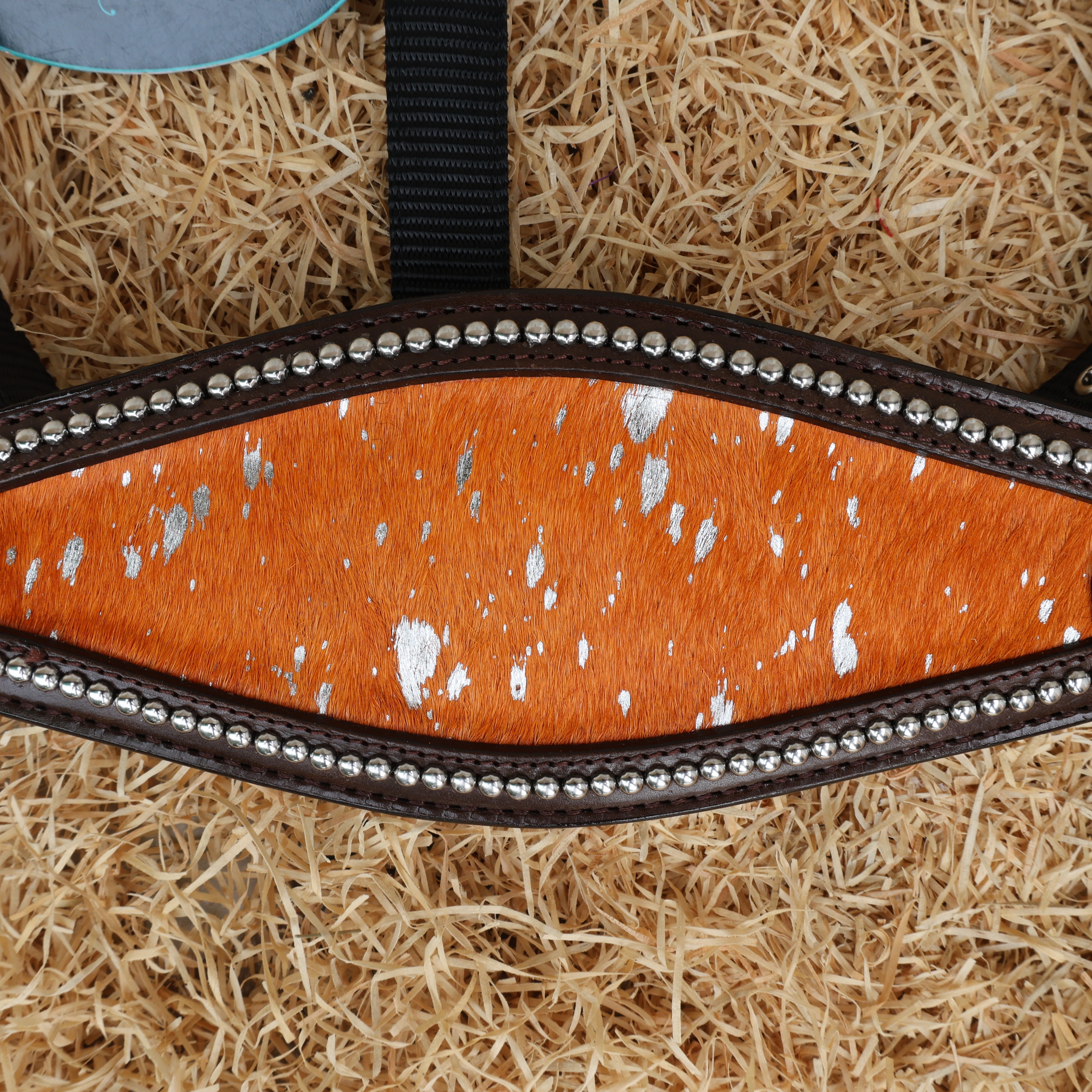 MOUSM Argentina Cow Leather Bronc Halter - Western Horse Noseband Decorated with Orange Metallic Acid Wash Cowhide and Rhinestones Conchos