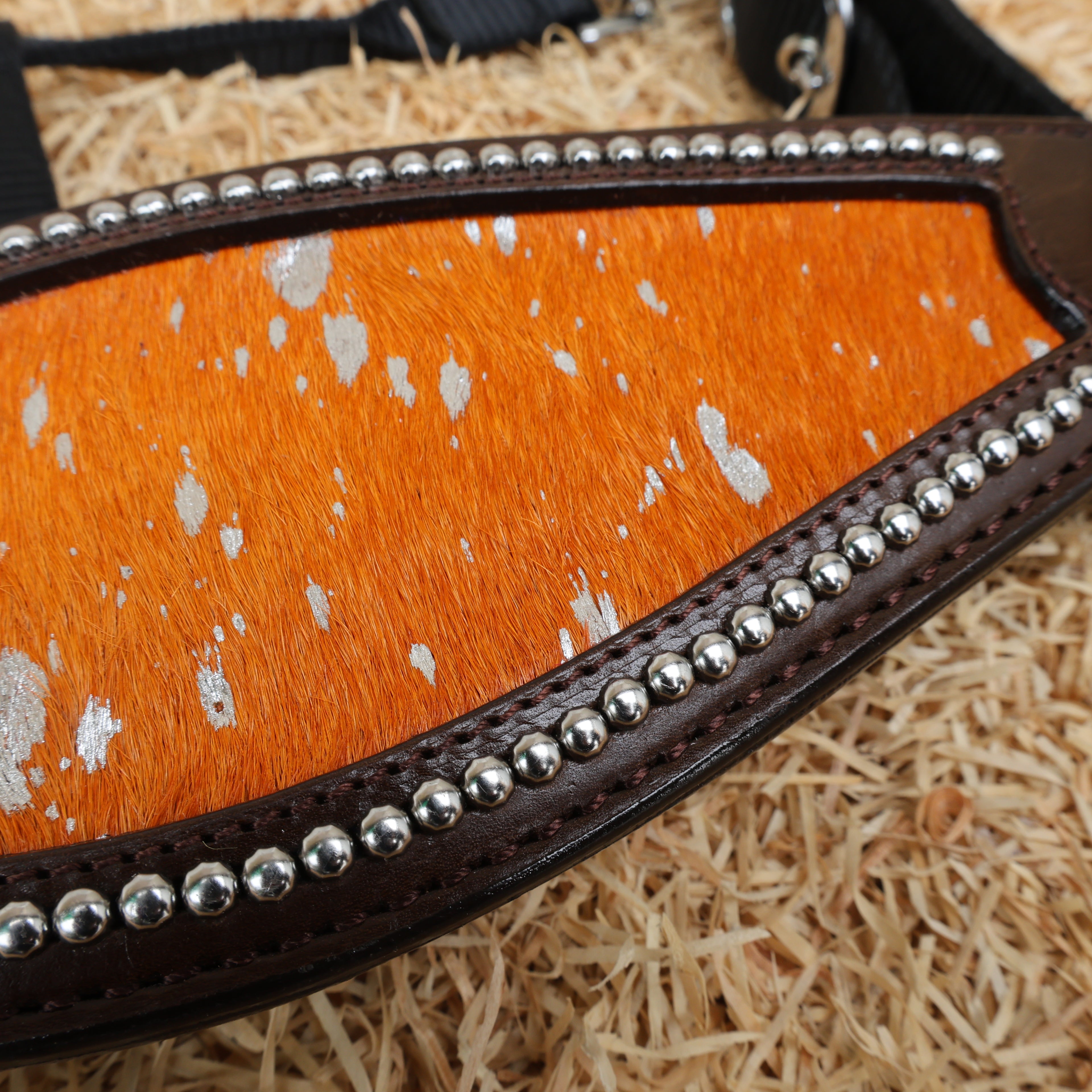 MOUSM Argentina Cow Leather Bronc Halter - Western Horse Noseband Decorated with Orange Metallic Acid Wash Cowhide and Rhinestones Conchos