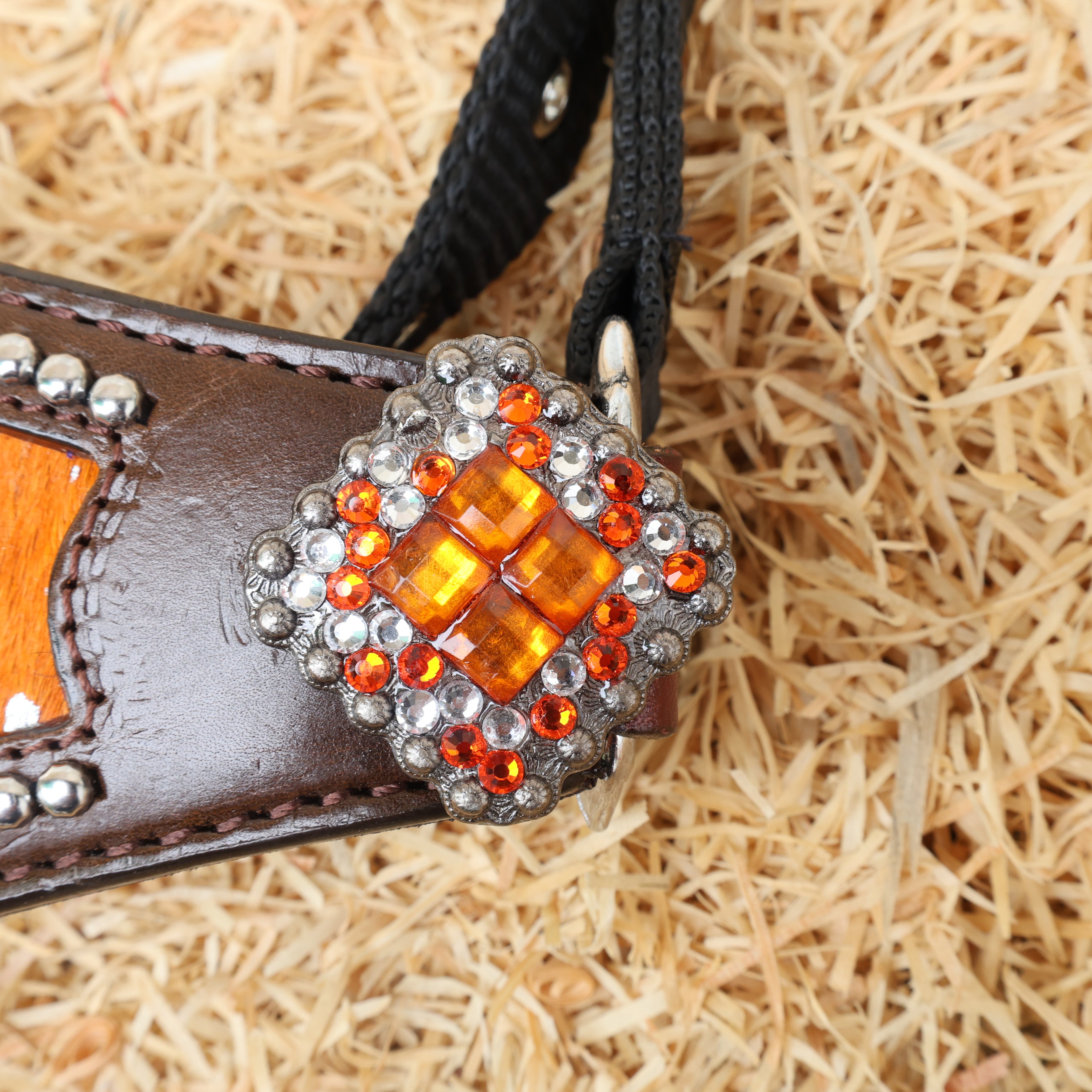 MOUSM Argentina Cow Leather Bronc Halter - Western Horse Noseband Decorated with Orange Metallic Acid Wash Cowhide and Rhinestones Conchos
