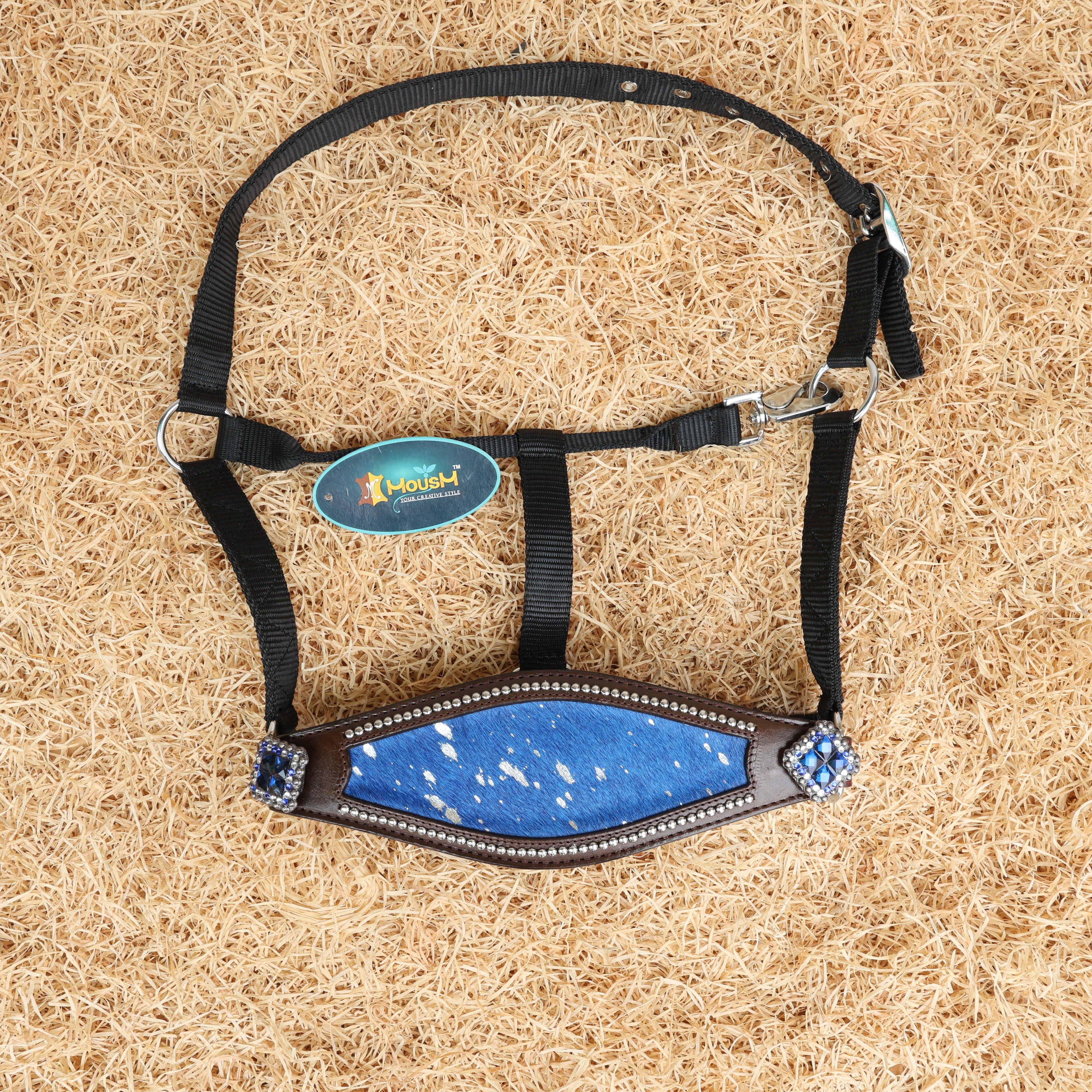 MOUSM Argentina Cow Leather Bronc Halter - Western Horse Noseband Decorated with Royal Blue Metallic Acid Wash Cowhide and Rhinestones Conchos