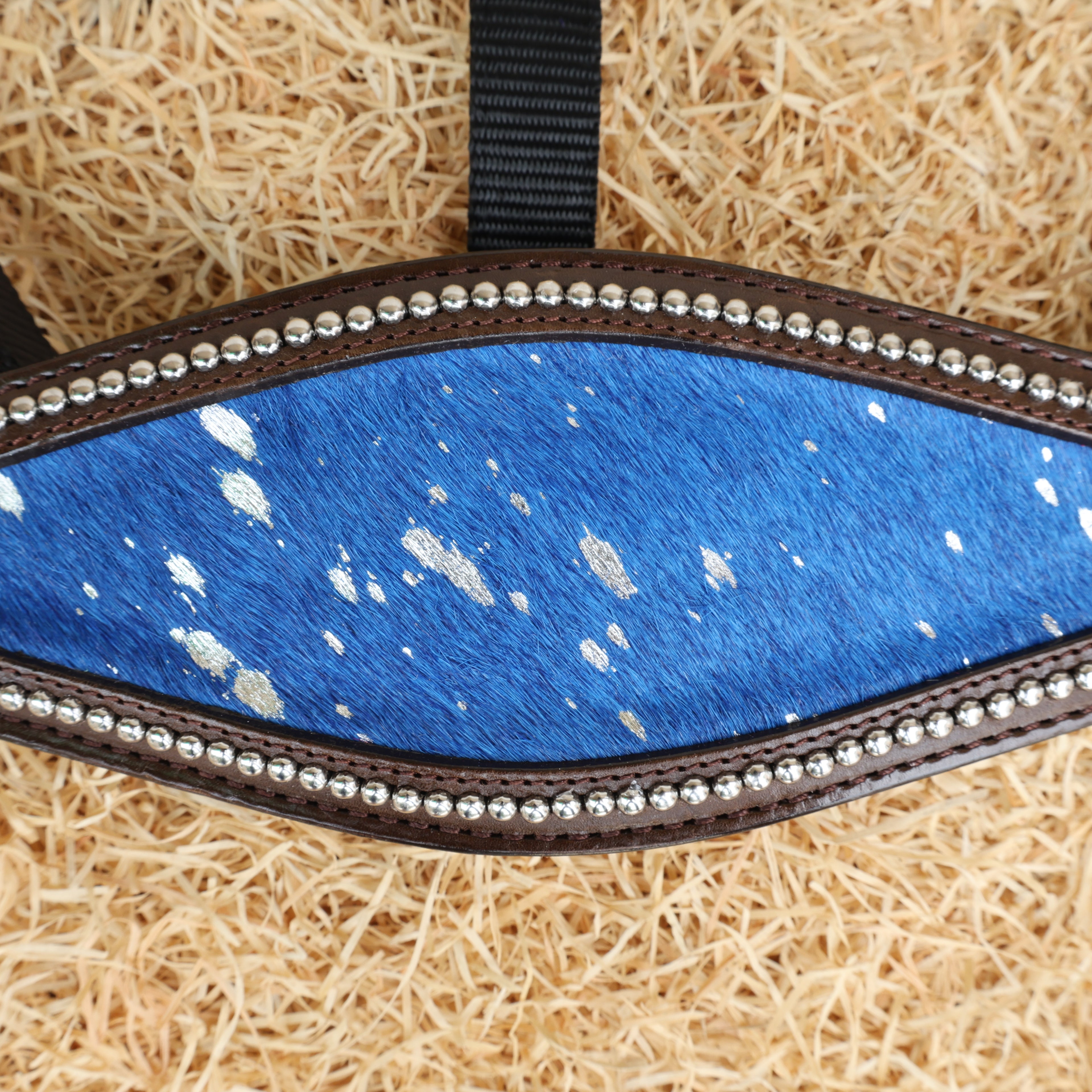 MOUSM Argentina Cow Leather Bronc Halter - Western Horse Noseband Decorated with Royal Blue Metallic Acid Wash Cowhide and Rhinestones Conchos