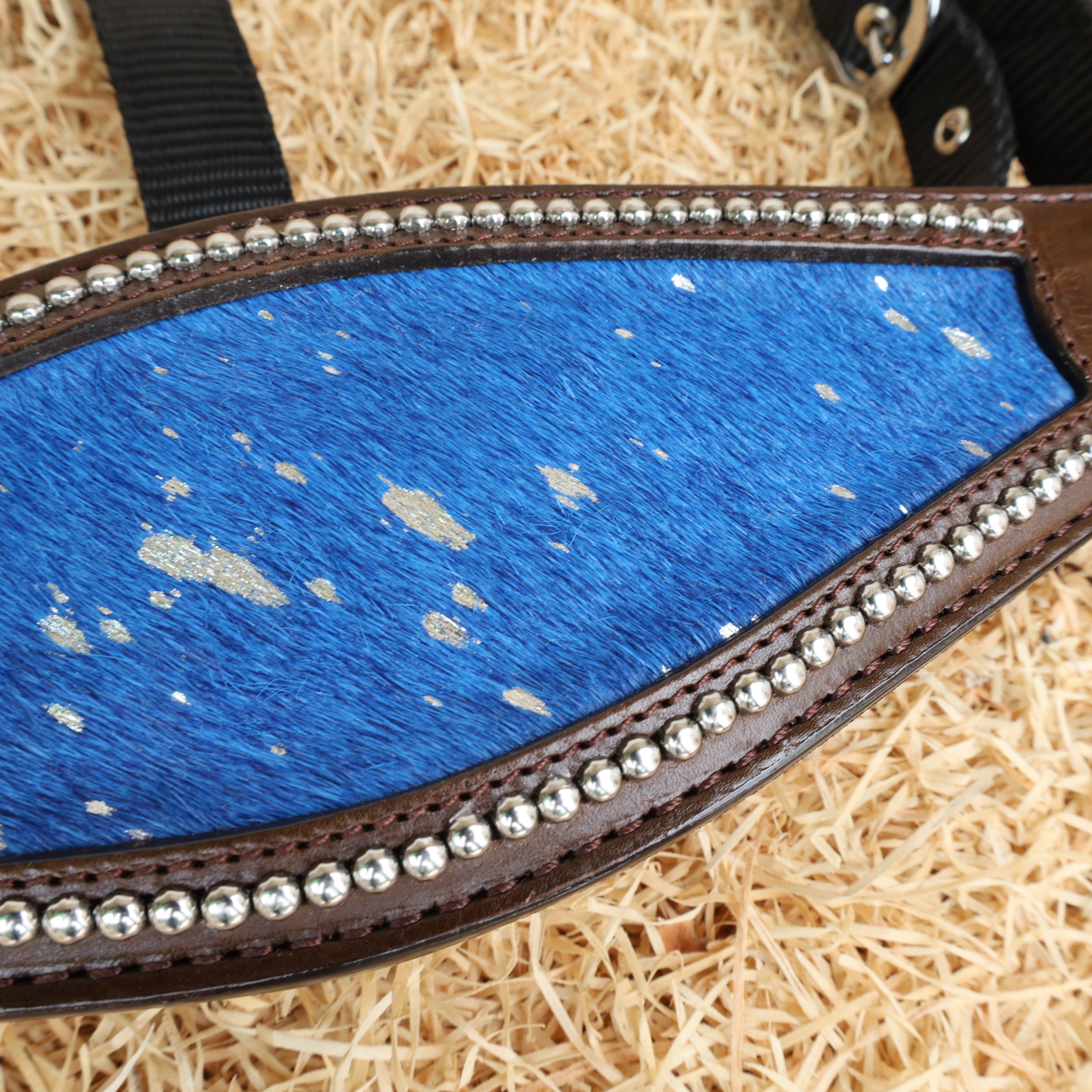 MOUSM Argentina Cow Leather Bronc Halter - Western Horse Noseband Decorated with Royal Blue Metallic Acid Wash Cowhide and Rhinestones Conchos