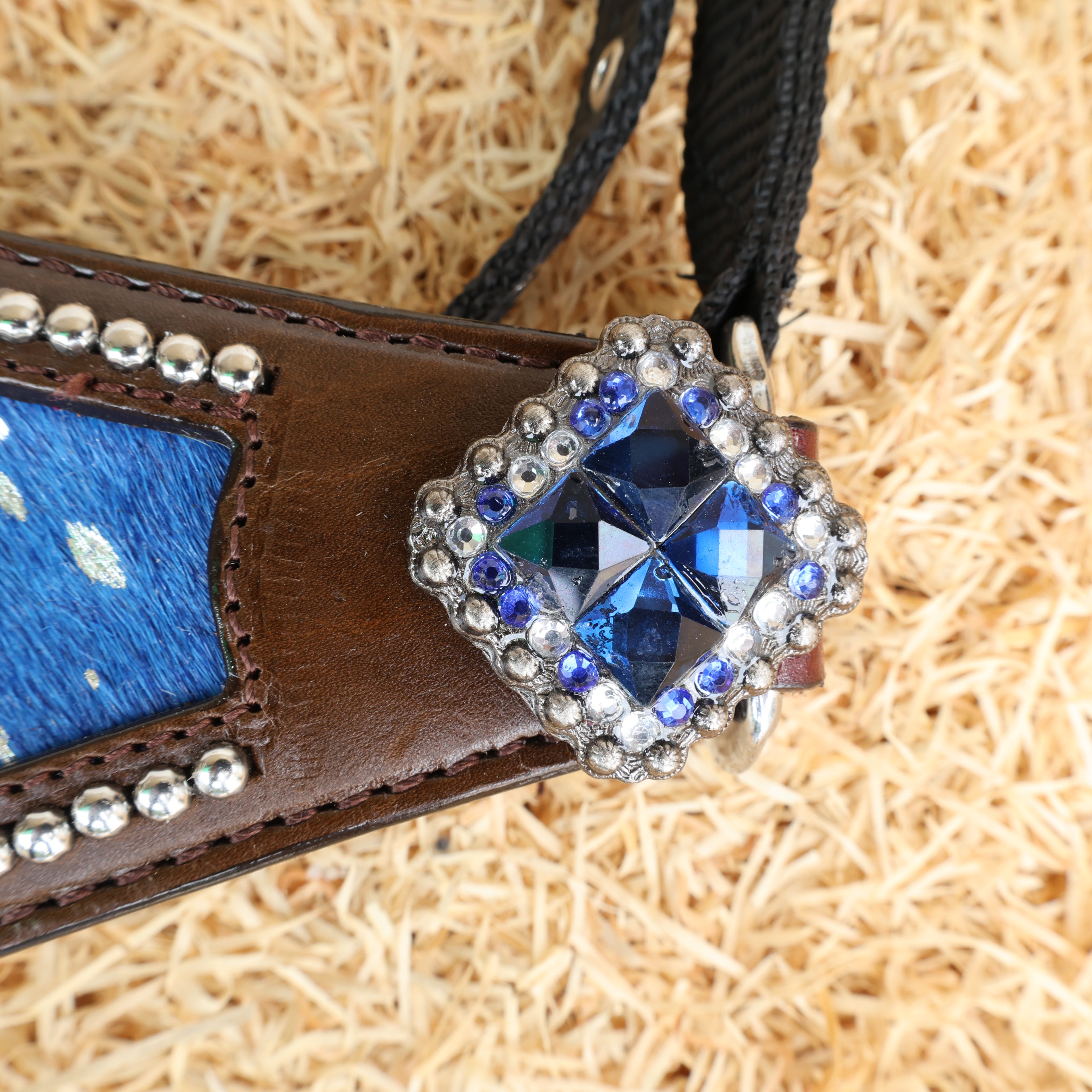 MOUSM Argentina Cow Leather Bronc Halter - Western Horse Noseband Decorated with Royal Blue Metallic Acid Wash Cowhide and Rhinestones Conchos