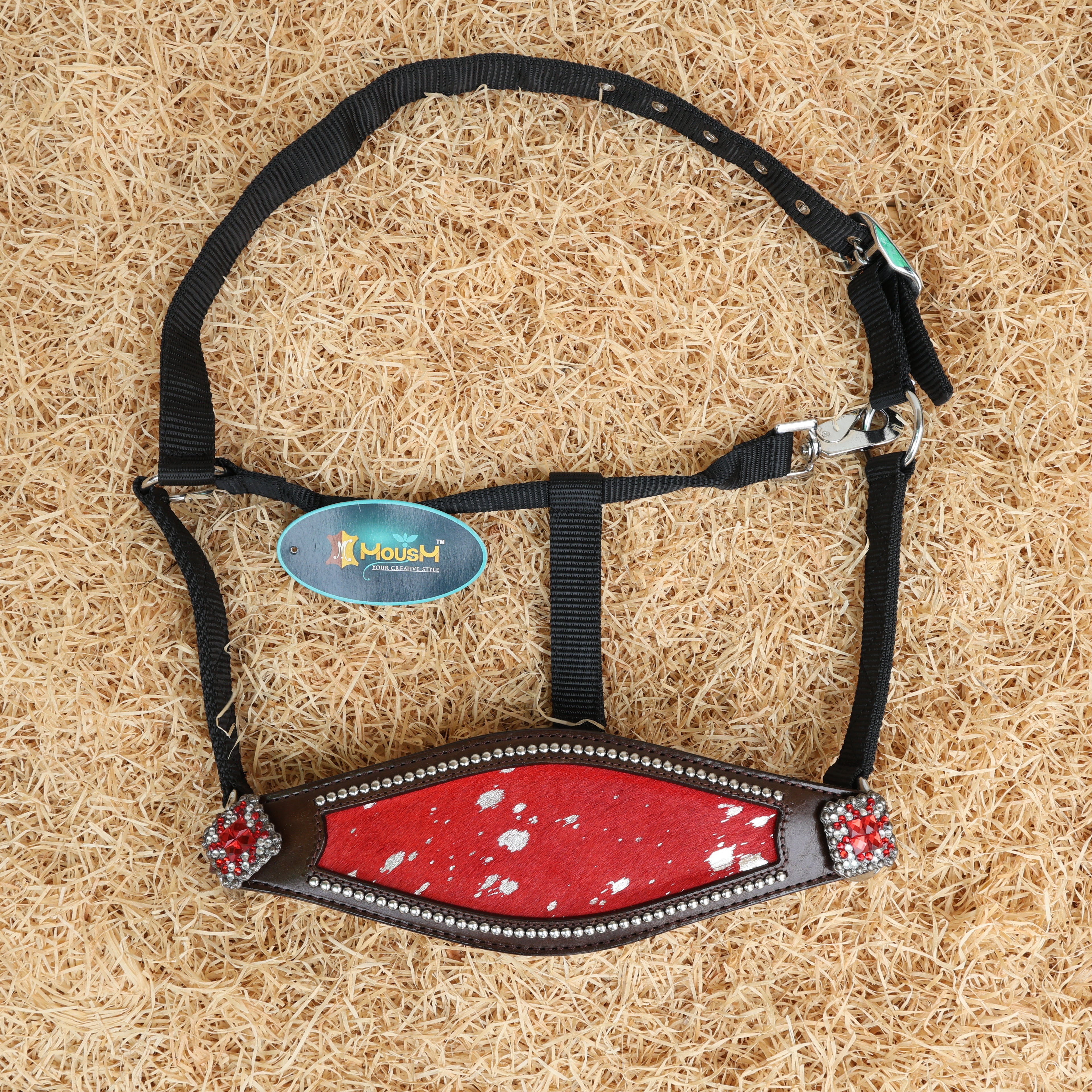 MOUSM Argentina Cow Leather Bronc Halter - Western Horse Noseband Decorated with Red Metallic Acid Wash Cowhide and Rhinestones Conchos