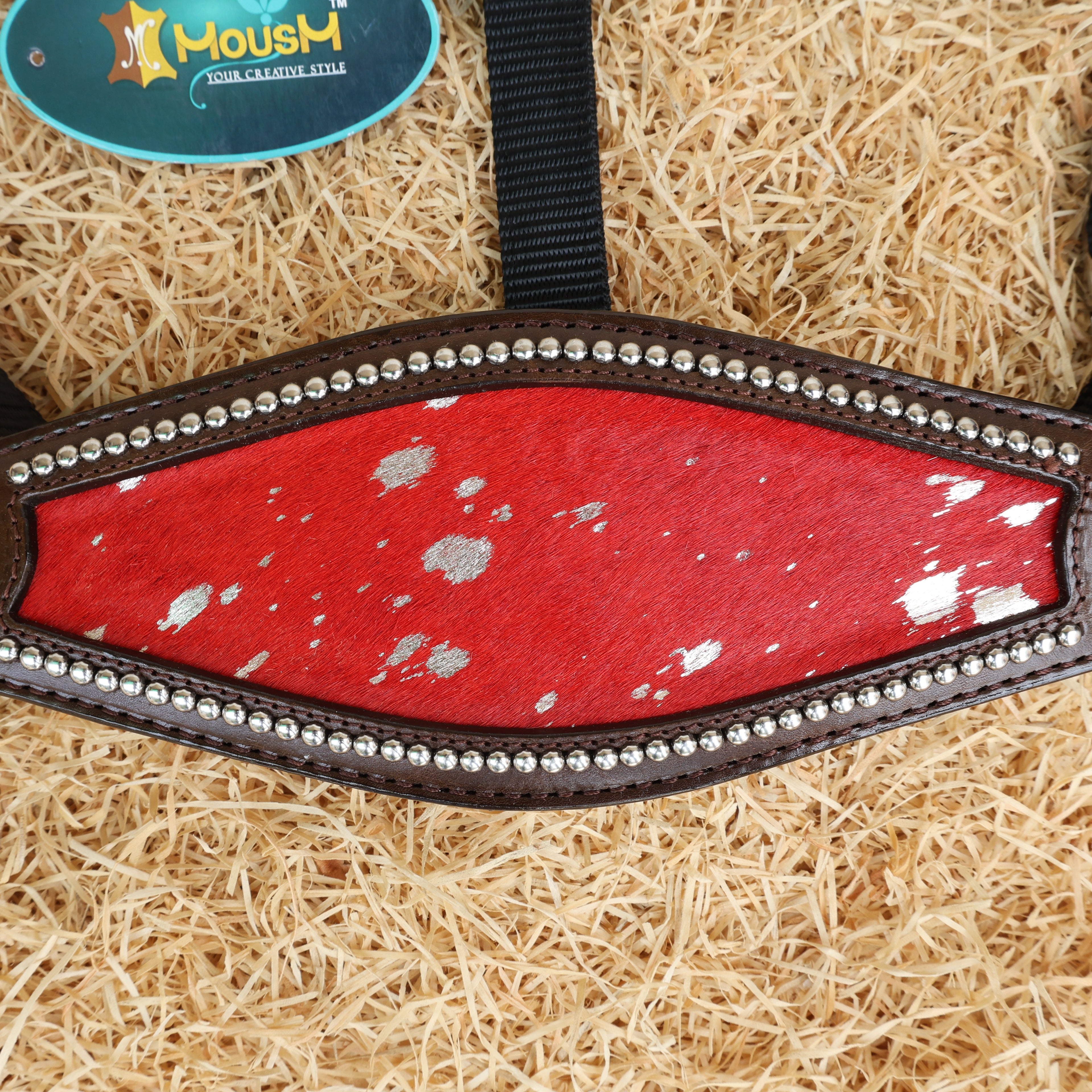 MOUSM Argentina Cow Leather Bronc Halter - Western Horse Noseband Decorated with Red Metallic Acid Wash Cowhide and Rhinestones Conchos