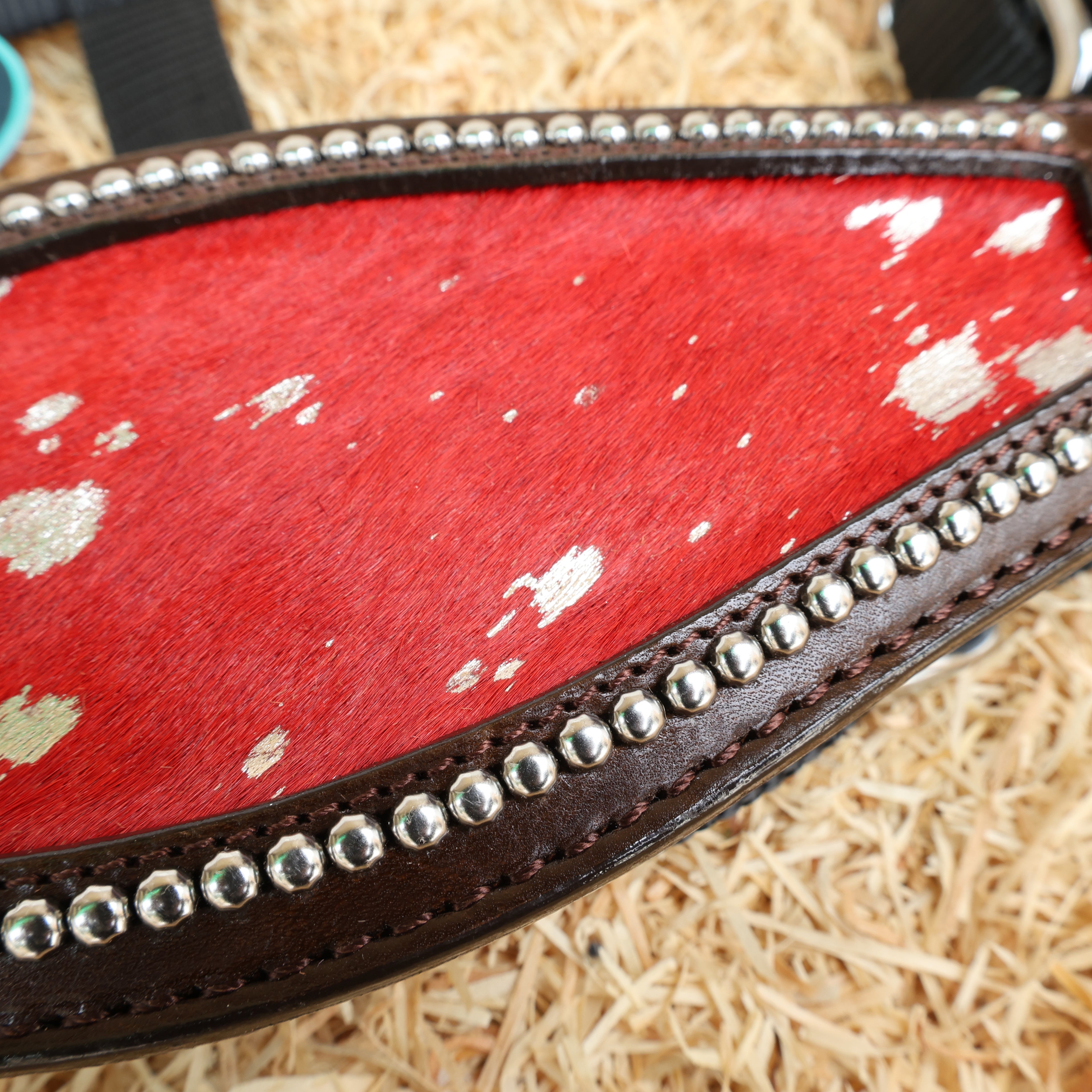 MOUSM Argentina Cow Leather Bronc Halter - Western Horse Noseband Decorated with Red Metallic Acid Wash Cowhide and Rhinestones Conchos